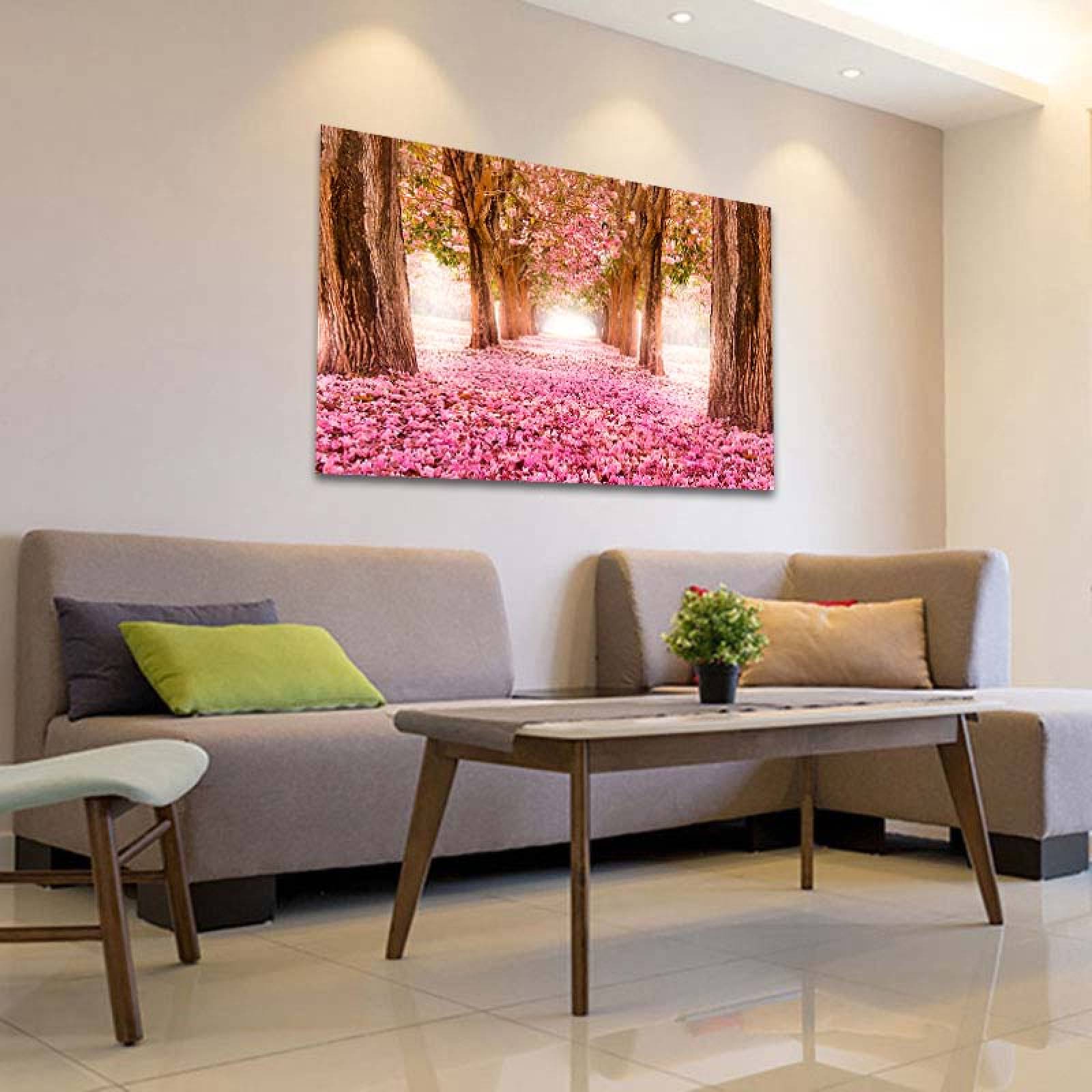 Cuadro Decorativo Canvas Paisaje de camino de pétalos rosas en el bosque de 135 X 90 cm.