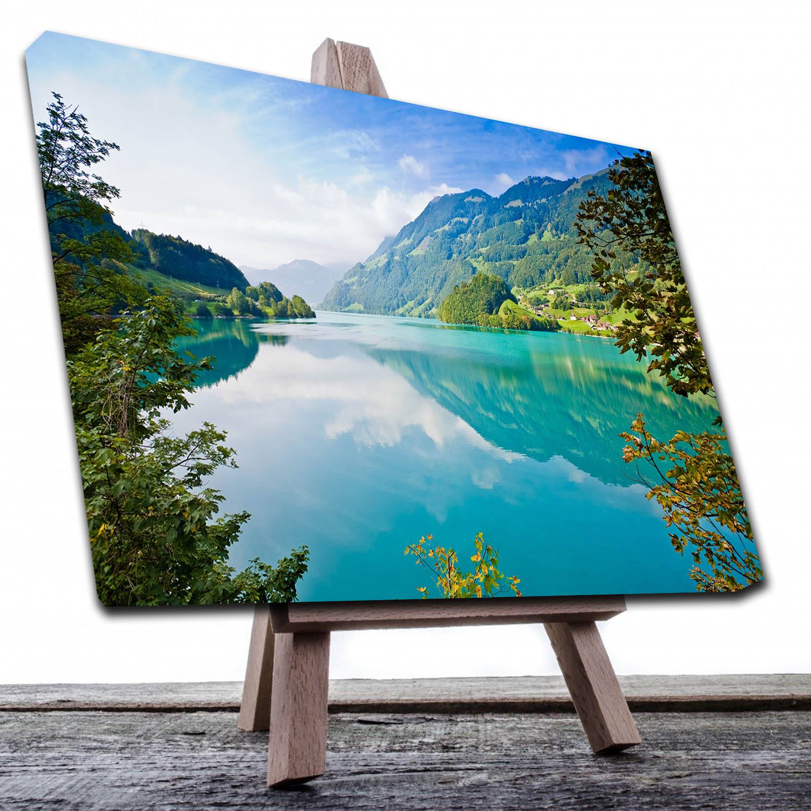 Cuadro decorativo de lienzo de 100x70 cm con marco de madera con diseño de  paisaje de lago y montañas multicolor Forme