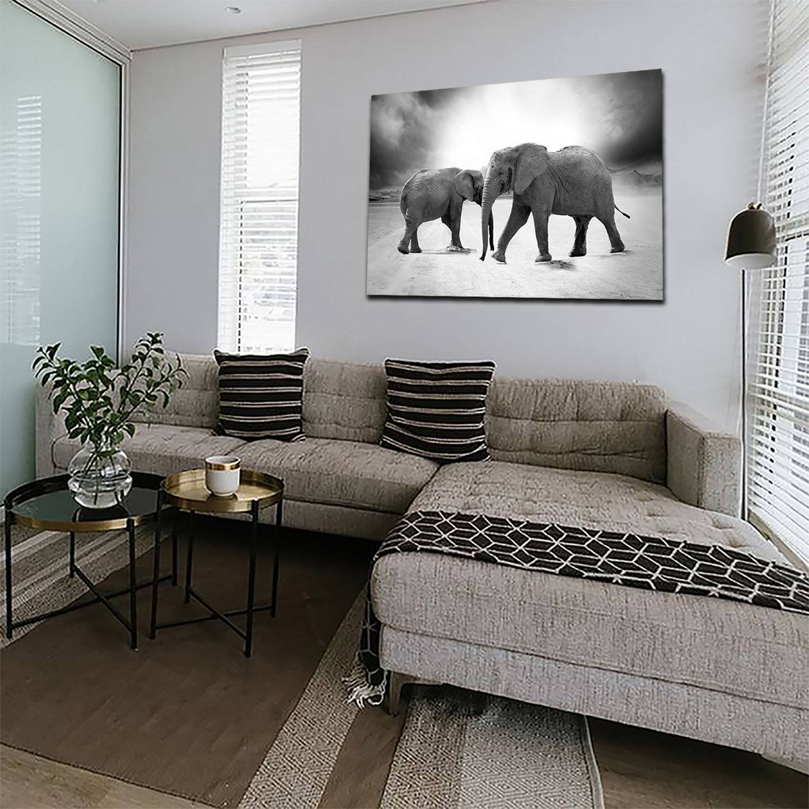Cuadro Decorativo Canvas Paisaje Elefantes en blanco y negro de 120 X 60 cm