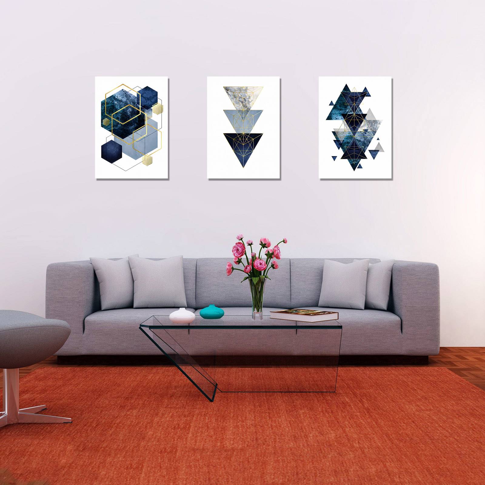 Cuadros Decorativos Set de 3 pzs figuras geométricas moderno Azul 60 X 90 cm.