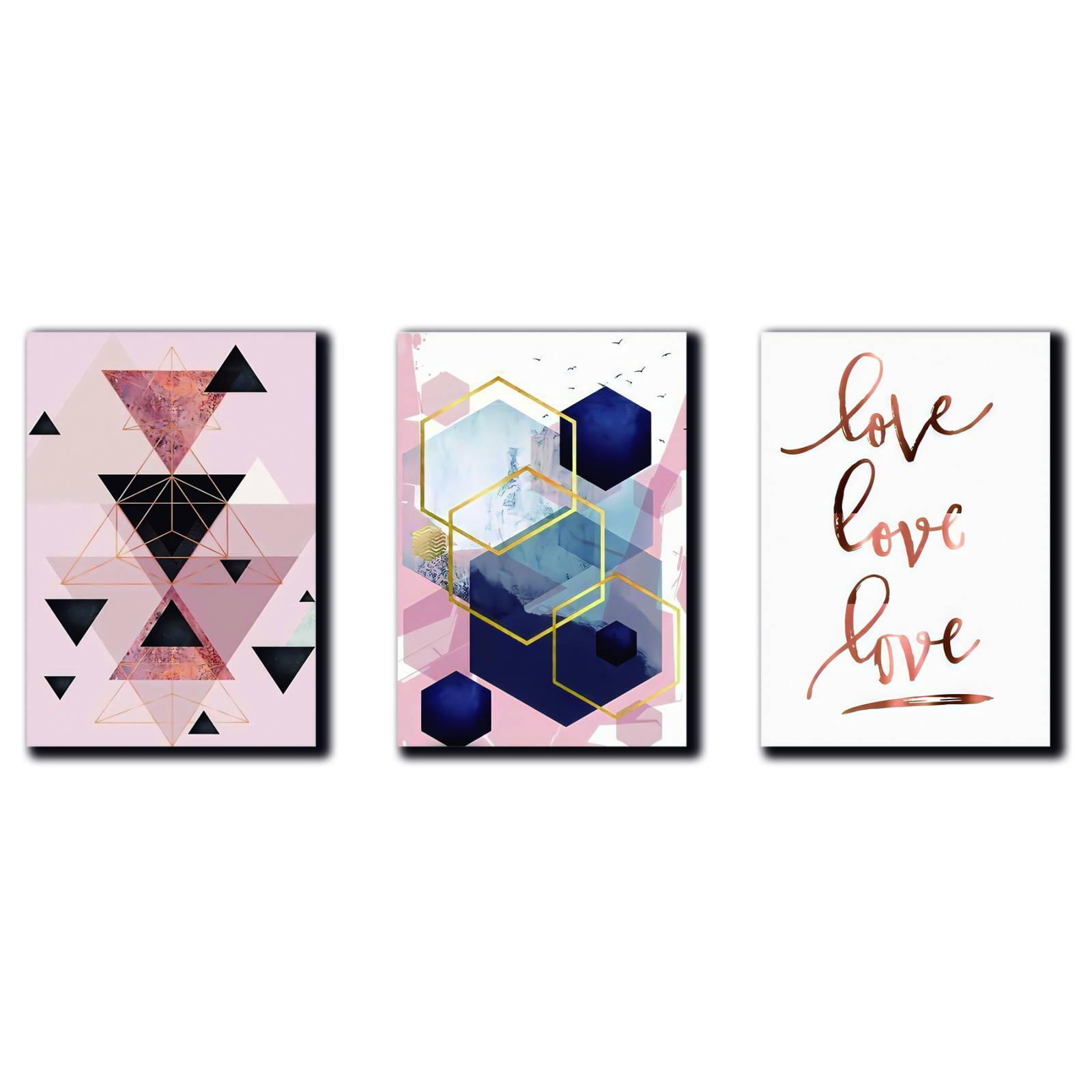 Cuadros Decorativos Set de 3 pzs figuras geométricas moderno Rosa 60 X 90 cm.