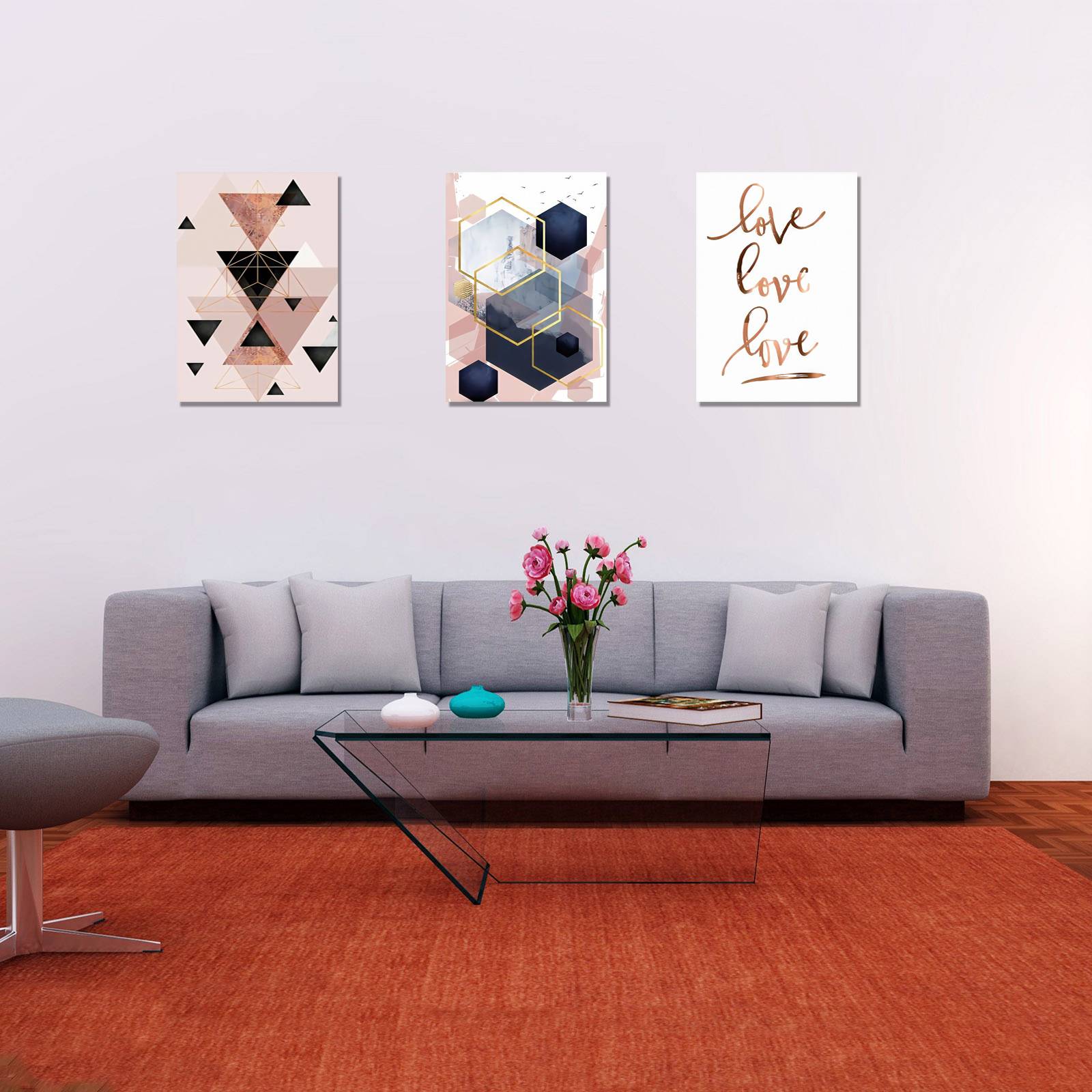 Cuadros Decorativos Set de 3 pzs figuras geométricas moderno Rosa 60 X 90 cm.