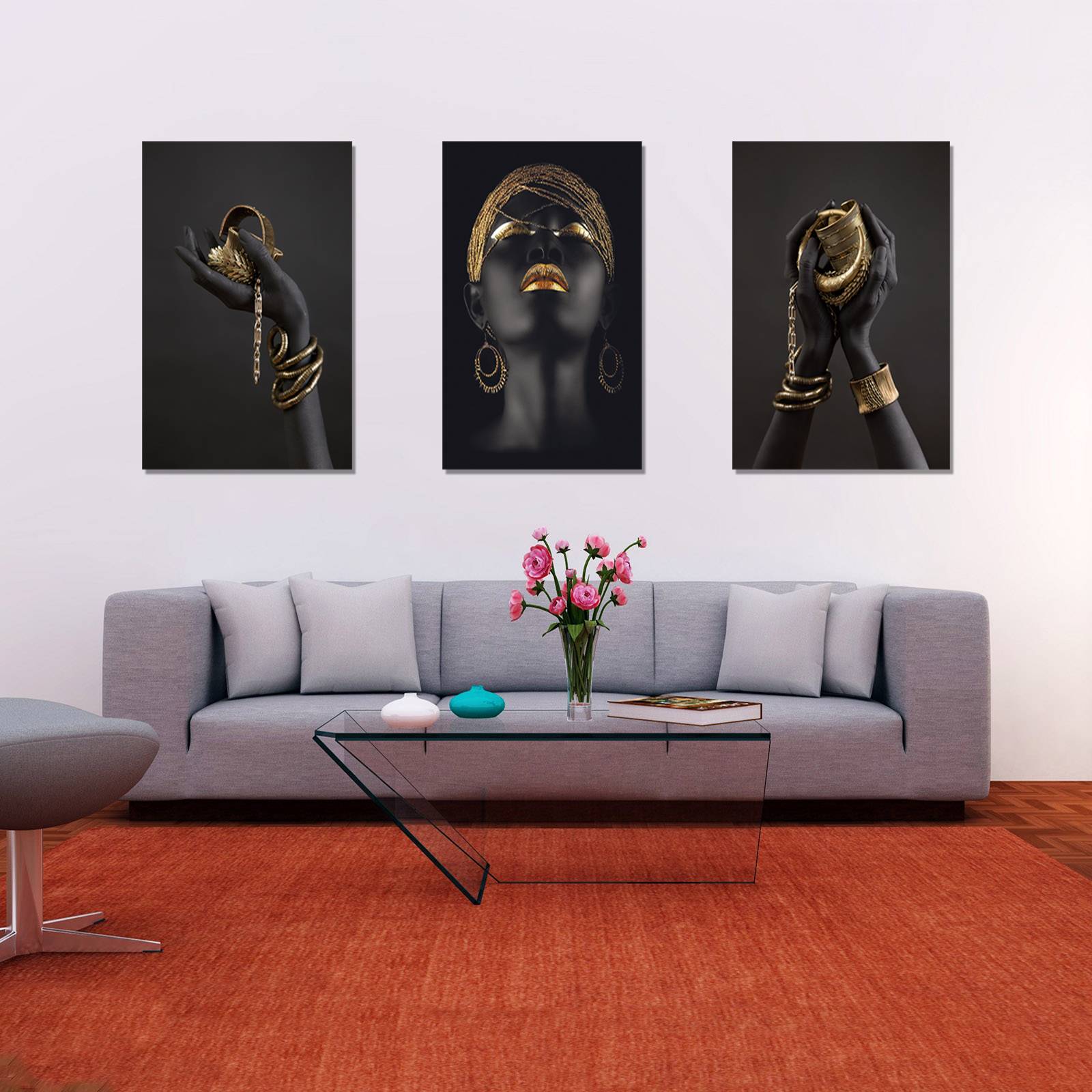 Cuadros Decorativos Set de 3 pzs Africanas con vivos dorados 30 X 45 cm