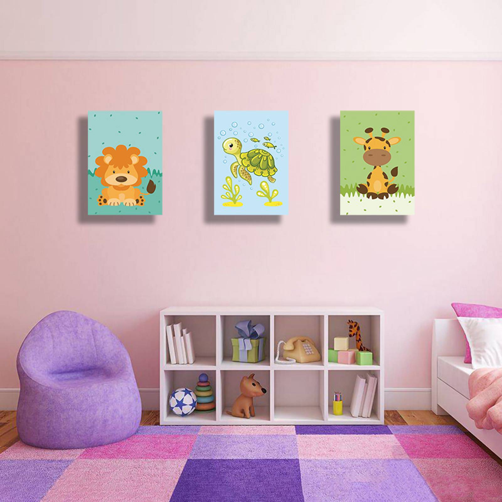 Cuadros Decorativos Set de 3 Piezas Para niños  Leon, tortuga y Jirafa 30 X 45 cm