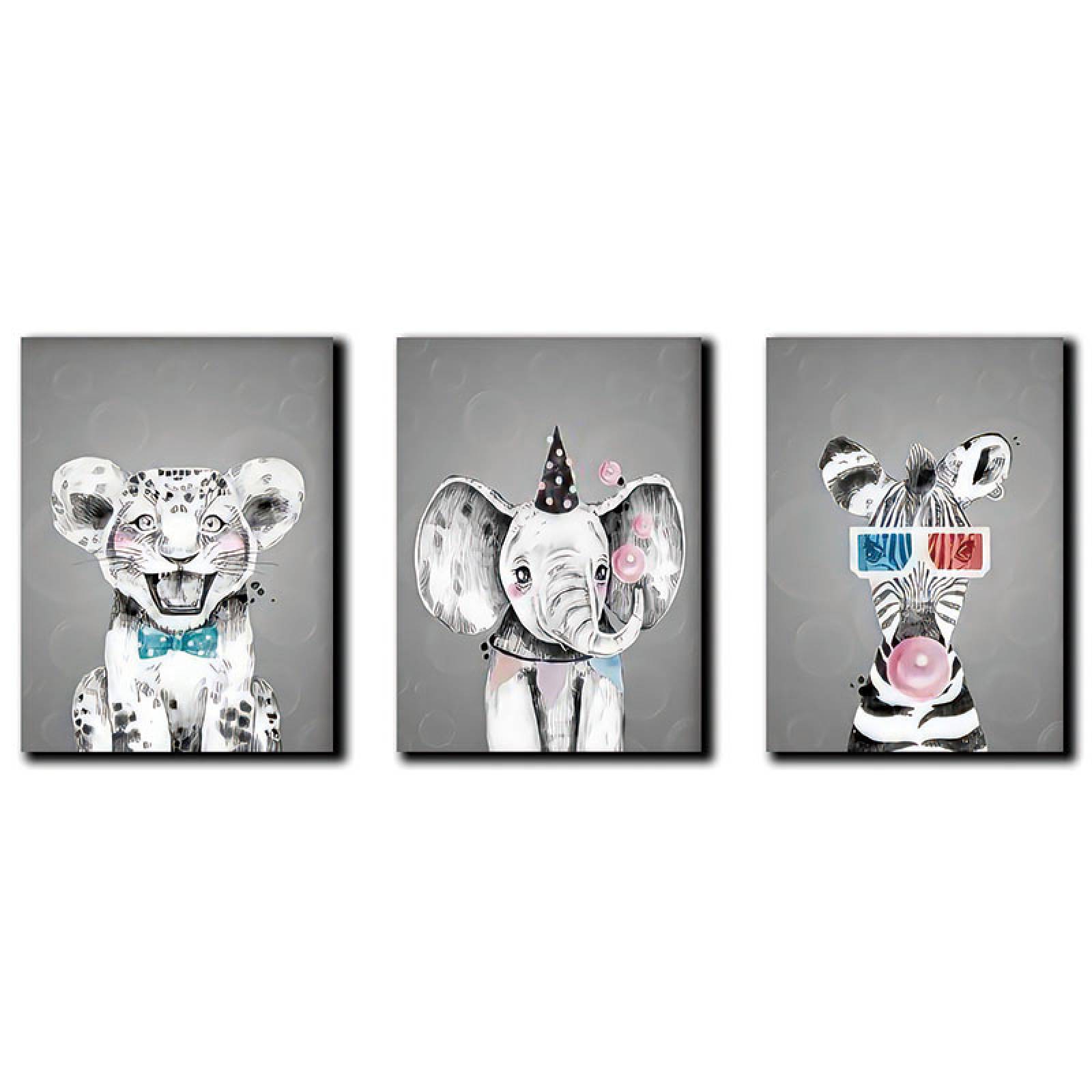 Cuadros Decorativos Set de 3 Piezas Para niños Tigre Elefante y Jirafa 40 X 60 cm