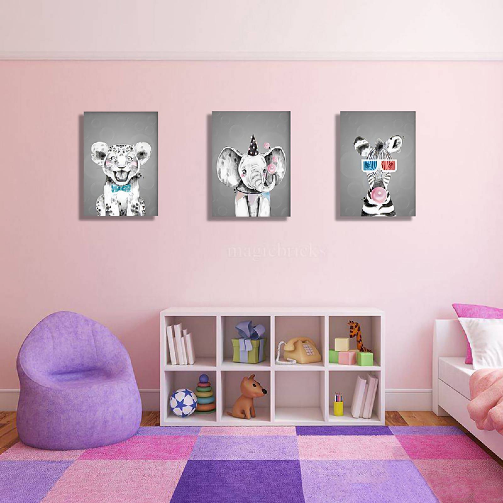 Cuadros Decorativos Set de 3 Piezas Para niños Tigre Elefante y Jirafa 40 X 60 cm