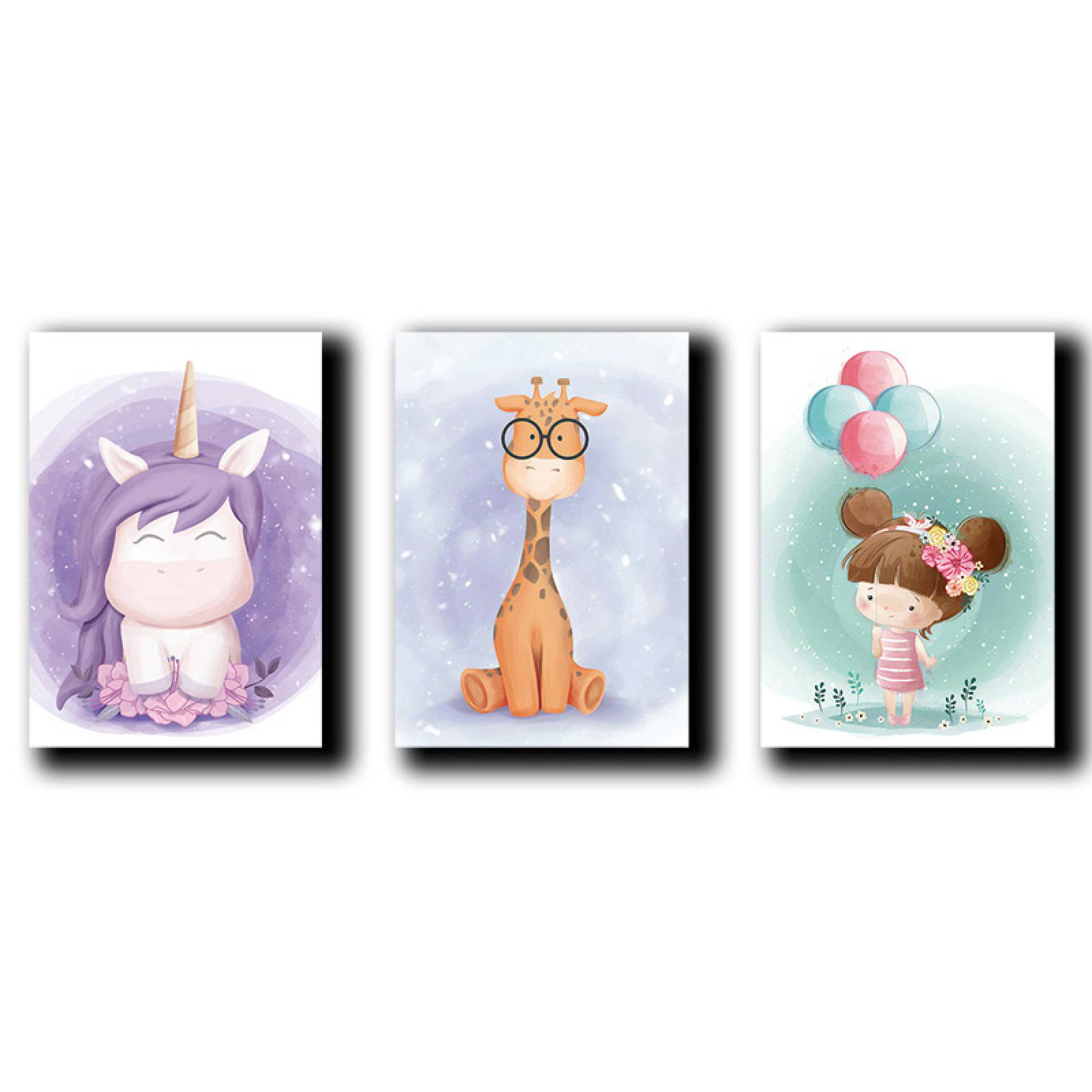 Cuadros Decorativos Set de 3 Piezas Para niñas Unicornio, Jirafa y globos 40 X 60 cm