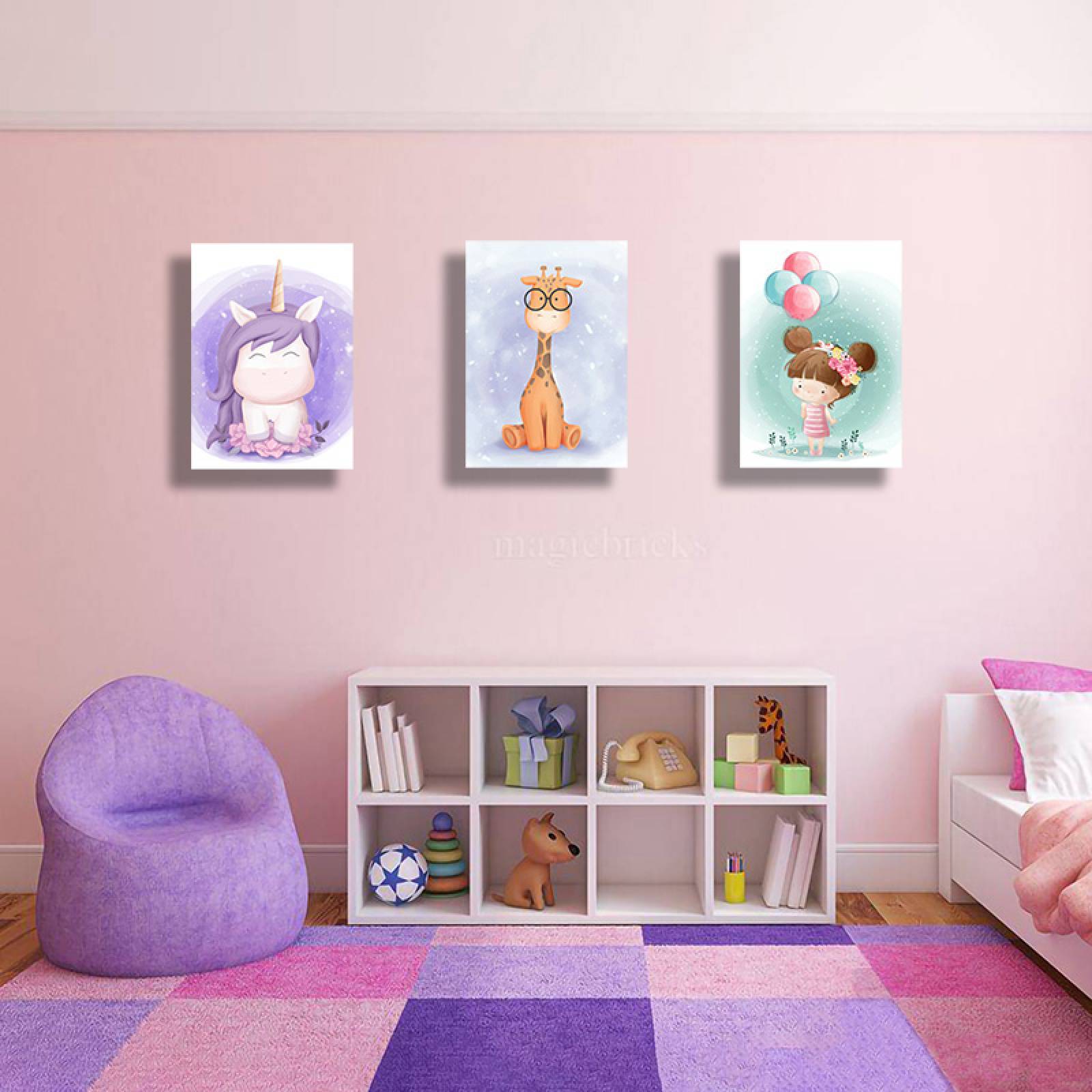 Cuadros Decorativos Set de 3 Piezas Para niñas Unicornio, Jirafa y globos 40 X 60 cm