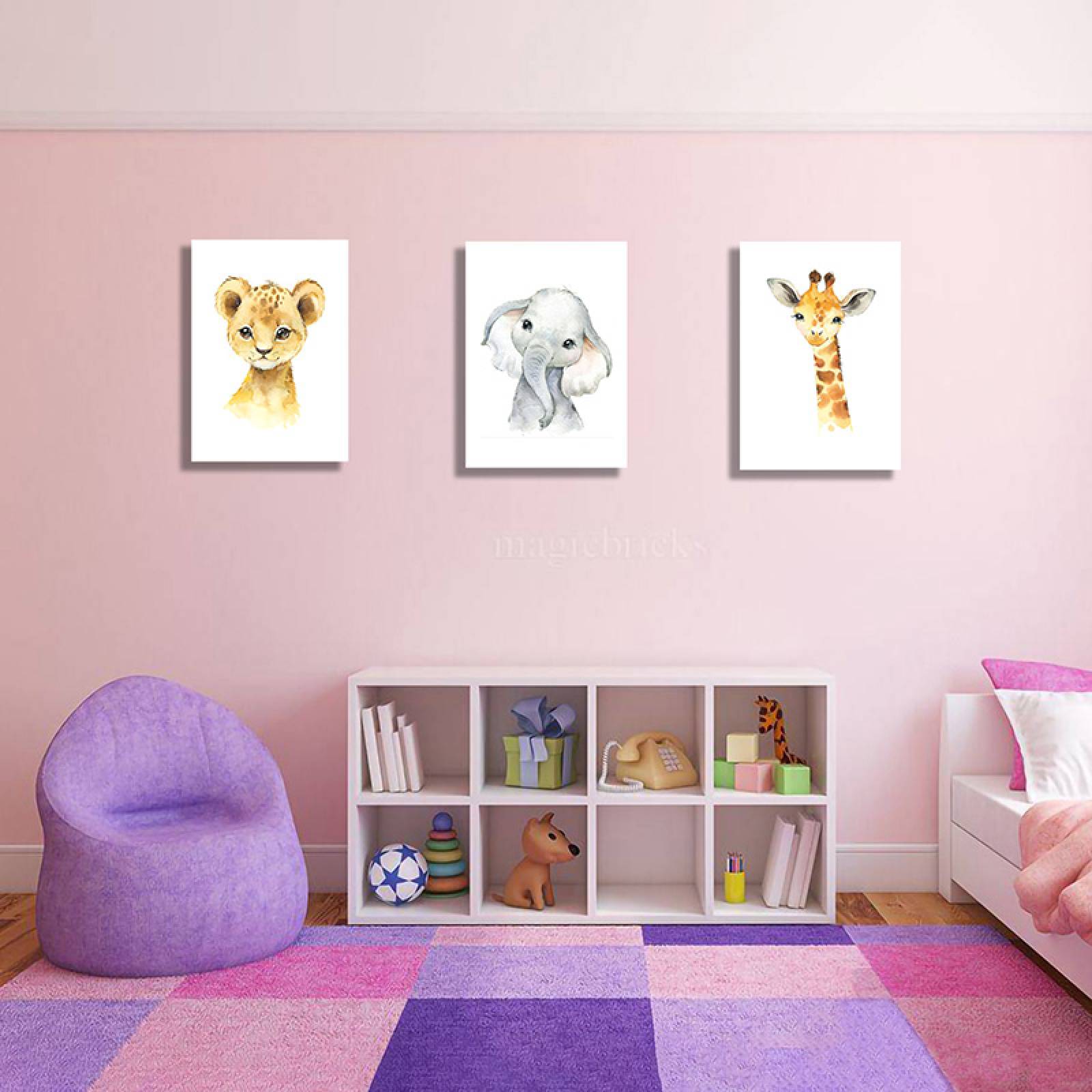 Cuadros Decorativos Set de 3 Piezas Para niños Tigre Elefante y Jirafa #2 20 X 30 cm