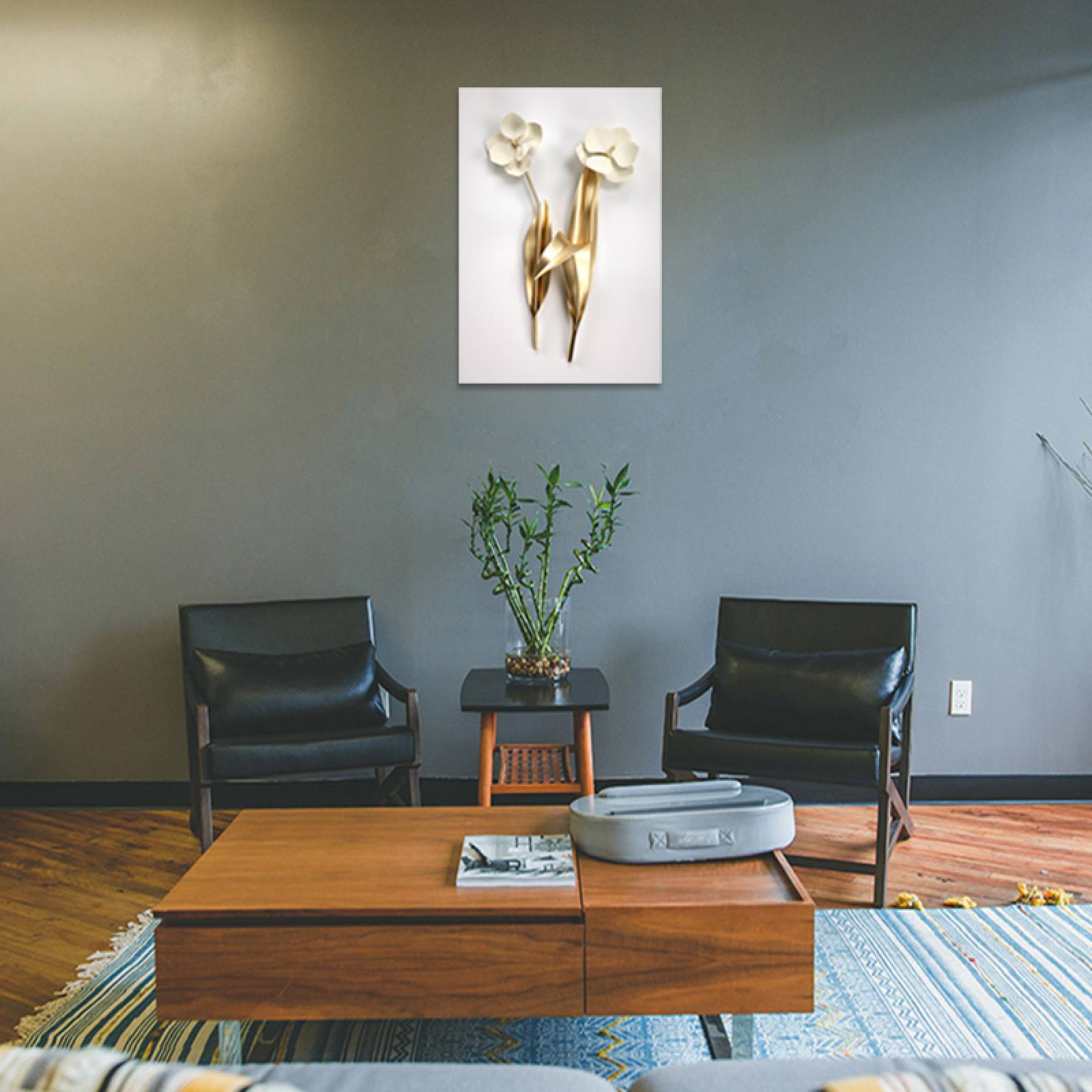 Cuadro Decorativo Flores Doradas Minimalistas de 80 X 120 cm.