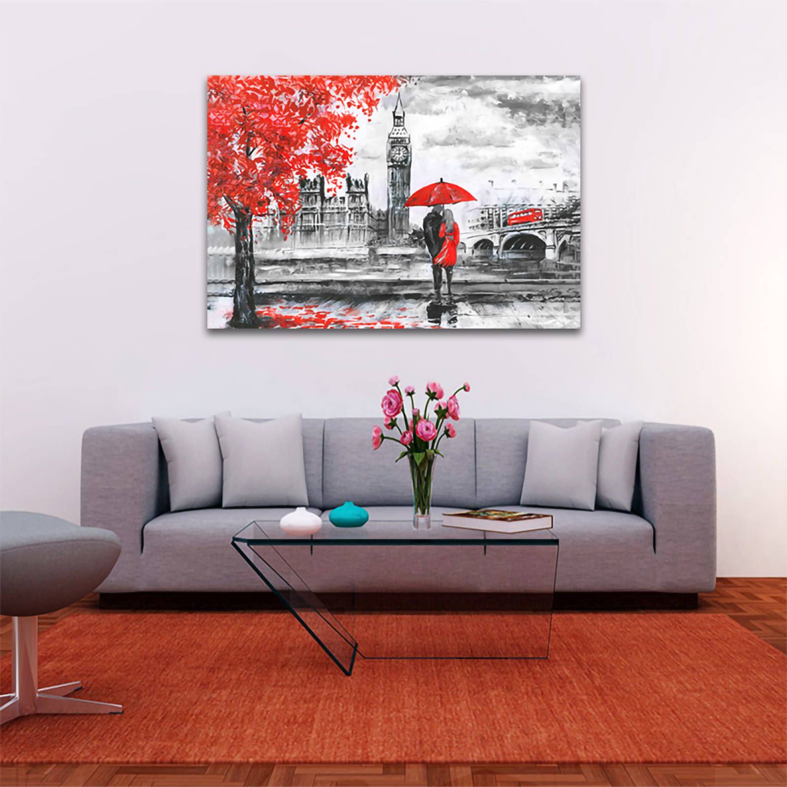 Cuadro Decorativo Londres Blanco Y Negro Con Vivos Rojos #4 60 X 40