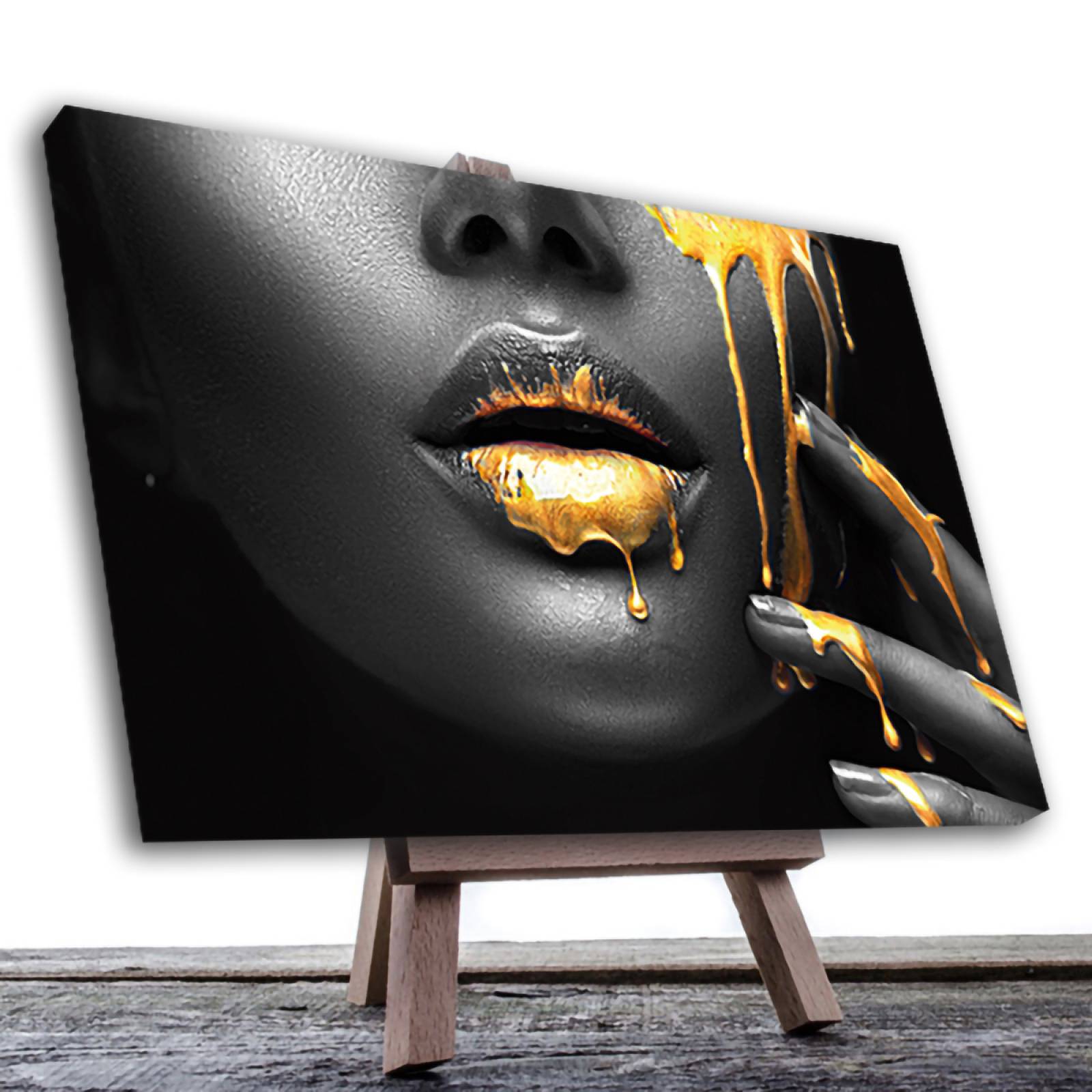 Cuadro Decorativo Labios Dorados En Negrol Moderno 120 X 80.