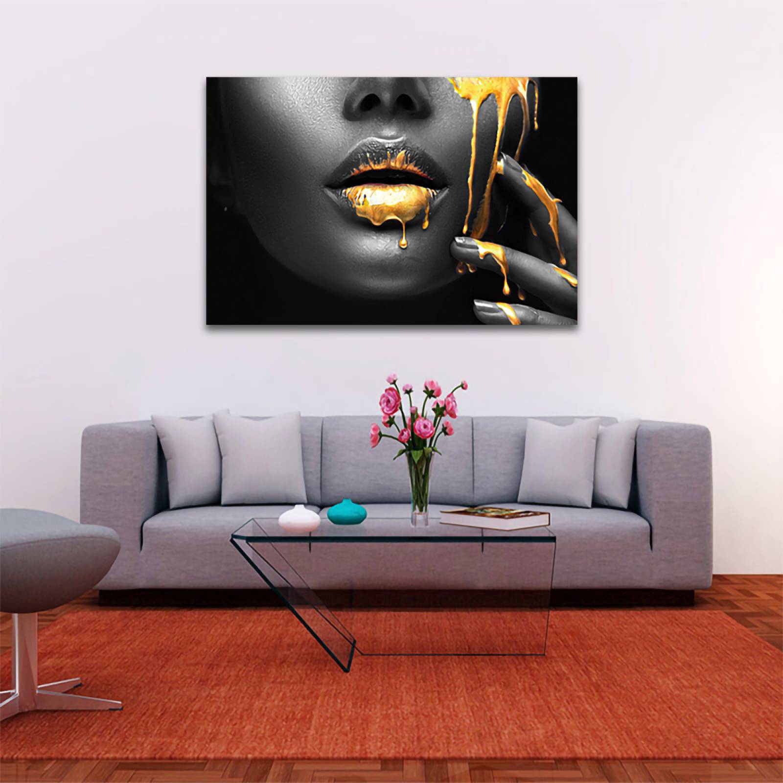 Cuadro Decorativo Labios Dorados En Negrol Moderno 120 X 80.