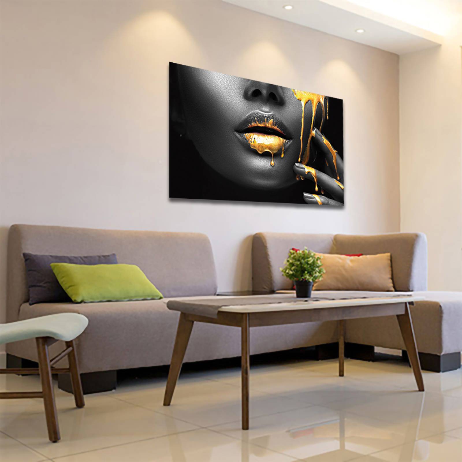 Cuadro Decorativo Labios Dorados En Negrol Moderno 120 X 80.