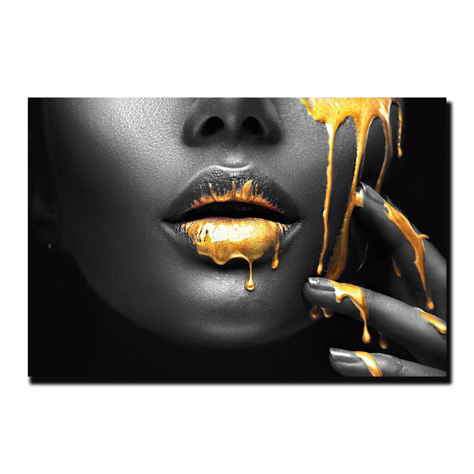 Cuadro Decorativo Labios Dorados En Negrol Moderno 120 X 80.