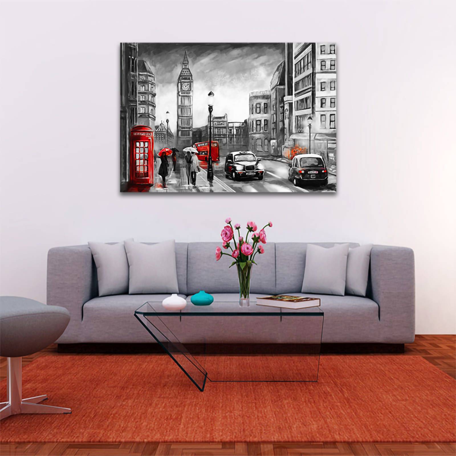 Cuadro Decorativo Londres Blanco Y Negro Con Vivos Rojos #36 135 X 90.