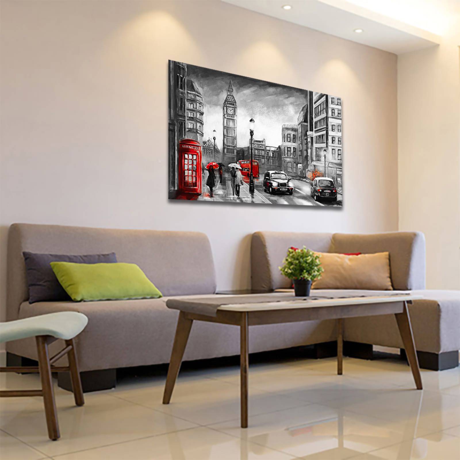 Cuadro Decorativo Londres Blanco Y Negro Con Vivos Rojos #36 135 X 90.