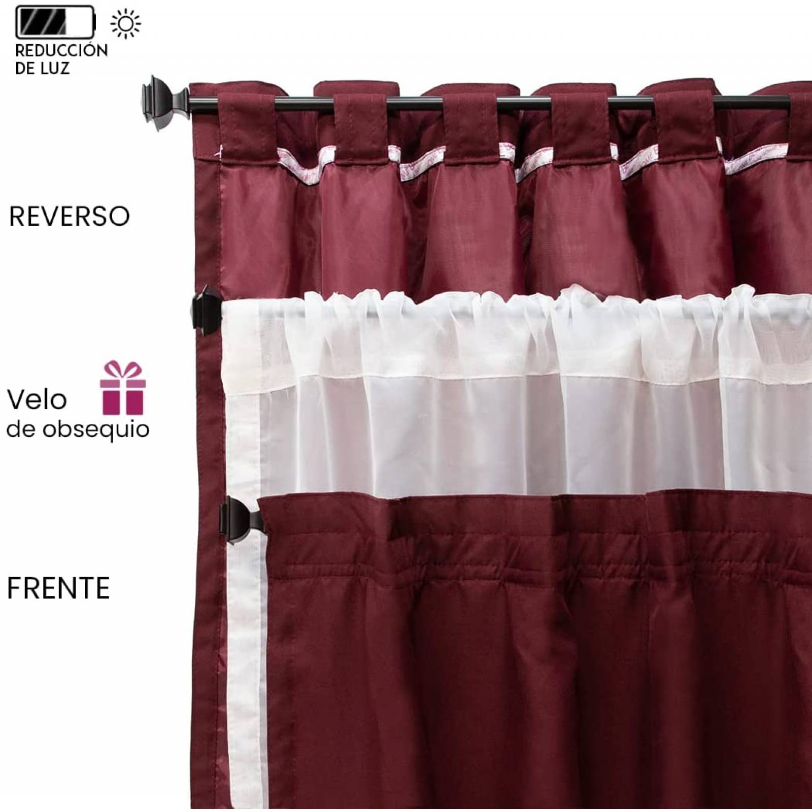 Bela Juego de 2 Cortinas Sienna Doble Tela + 1 Velo Gratis. Tamaño 2.30Alto X 2.80Ancho (Vino)
