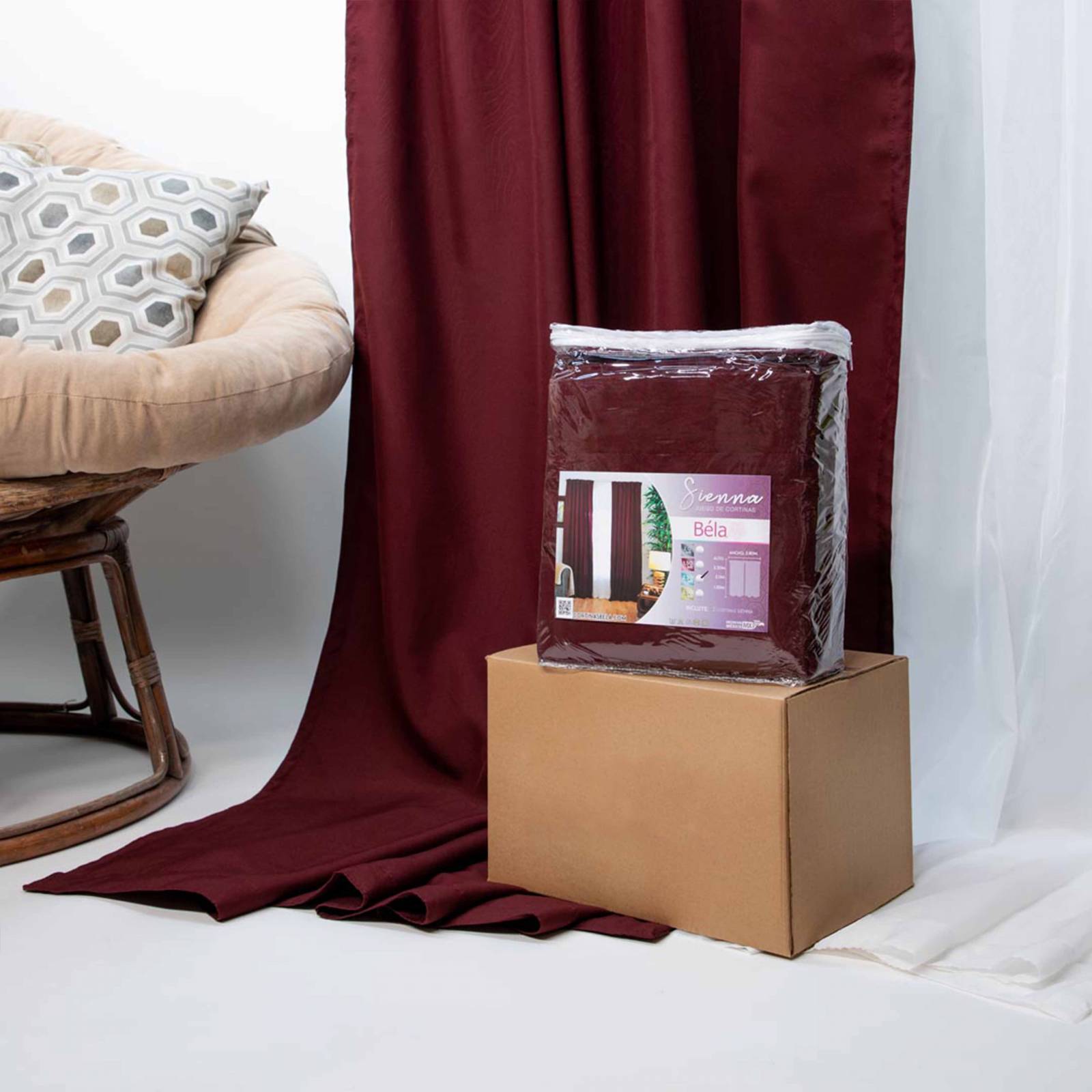 Bela Juego de 2 Cortinas Sienna Doble Tela + 1 Velo Gratis. Tamaño 2.30Alto X 2.80Ancho (Vino)