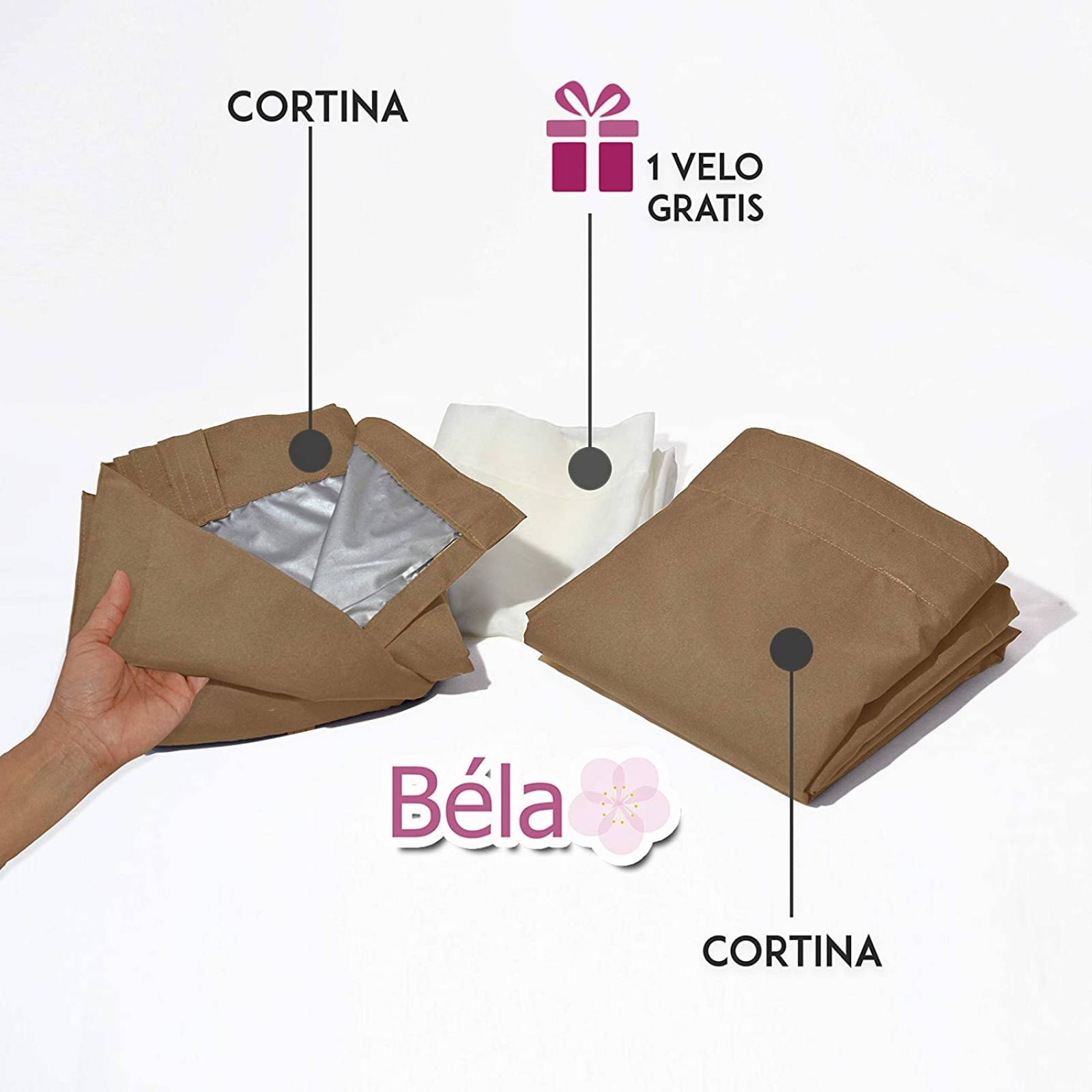 Bela 2 Cortinas Reflex + 1 Velo, 70% Opacas, 2.30Alto x 2.80Ancho (Arena)