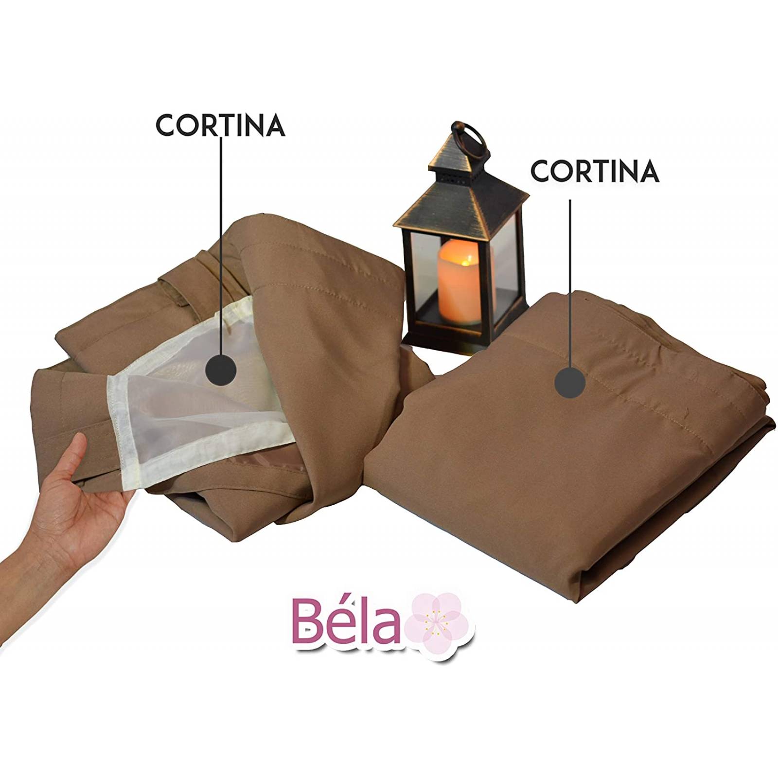 Bela Juego de 2 Cortinas Gala Doble Tela + 2 Velos para un cortinero (Arena)