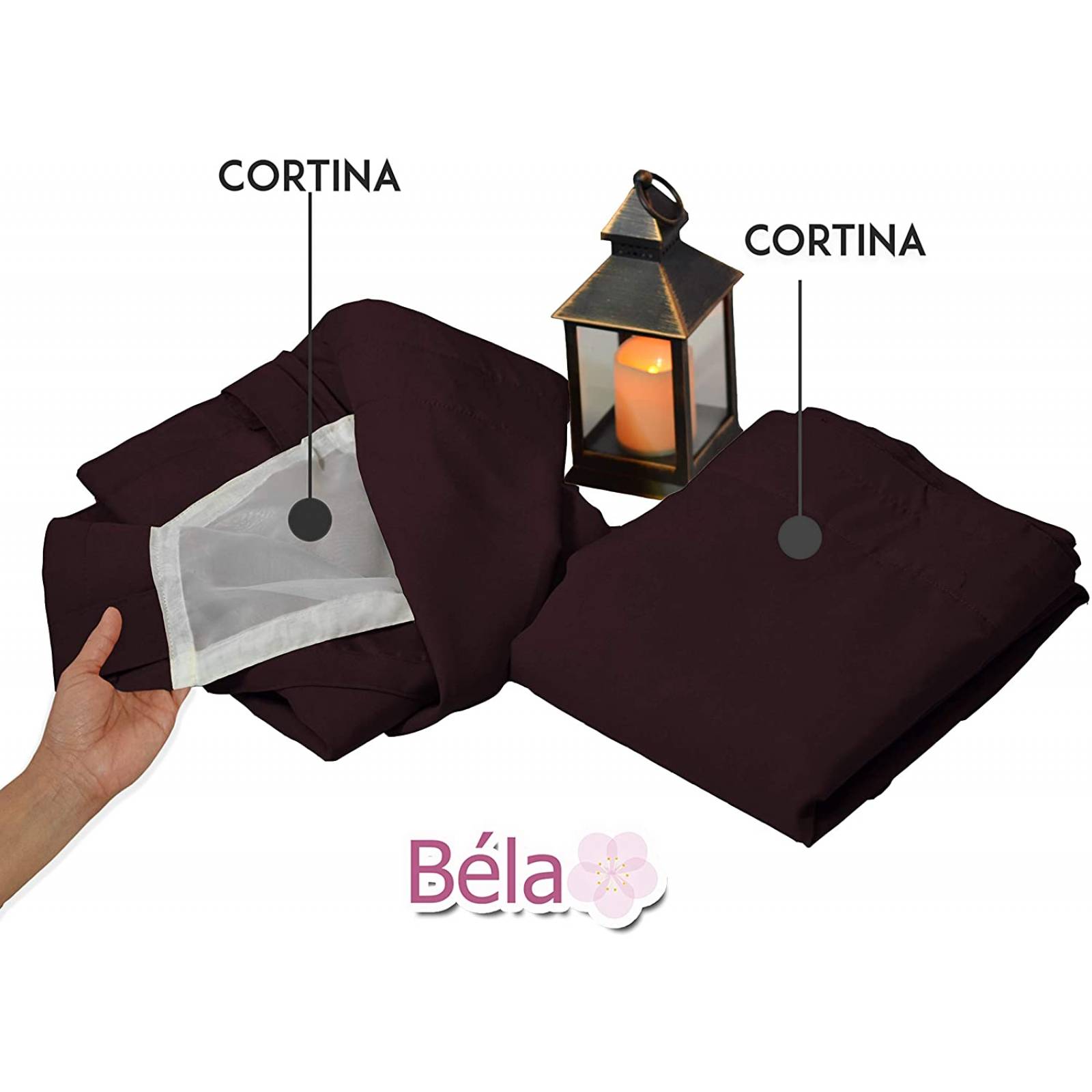 Bela Juego de 2 Cortinas Gala Doble Tela + 2 Velos para un cortinero (Chocolate)
