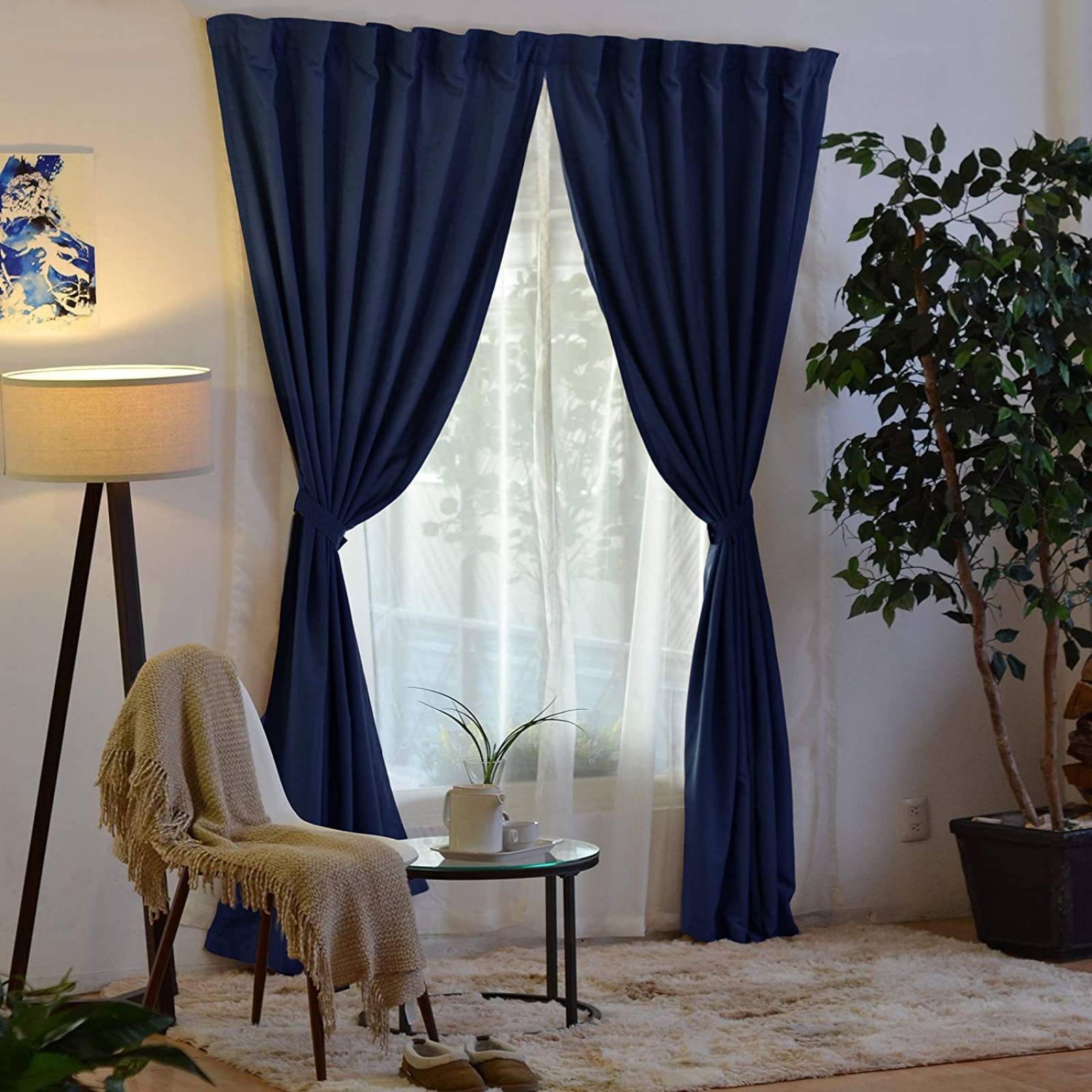 Bela Juego de 2 Cortinas Gala Doble Tela + 2 Velos para un cortinero (Azul Marino)