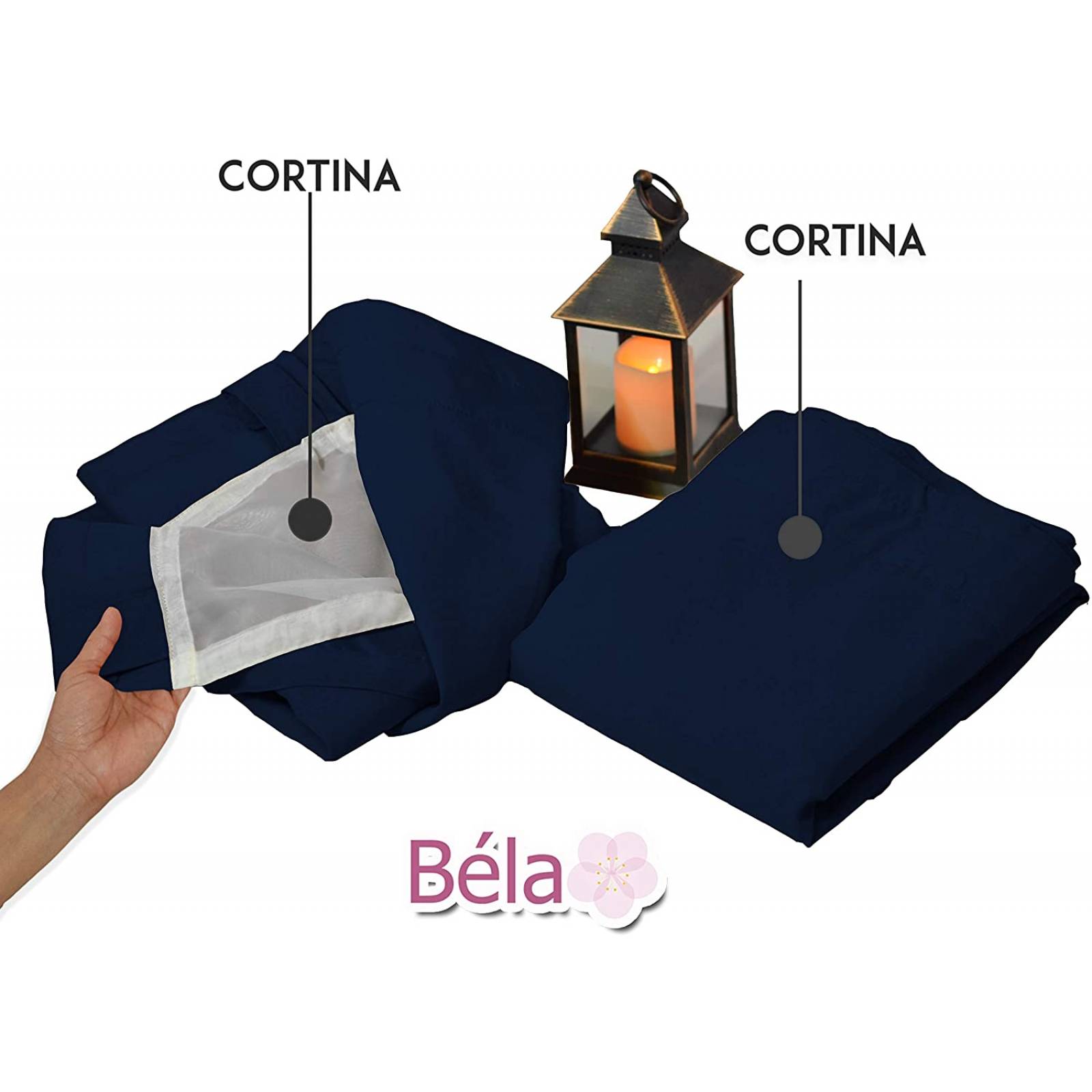 Bela Juego de 2 Cortinas Gala Doble Tela + 2 Velos para un cortinero (Azul Marino)