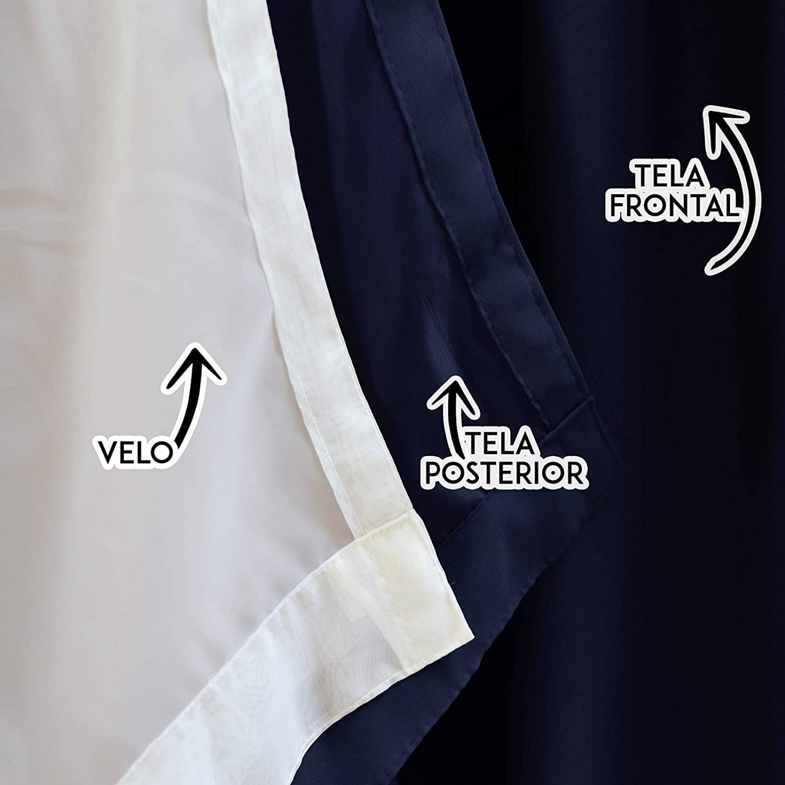 Bela Juego de 2 Cortinas Gala Doble Tela + 2 Velos para un cortinero (Azul Marino)