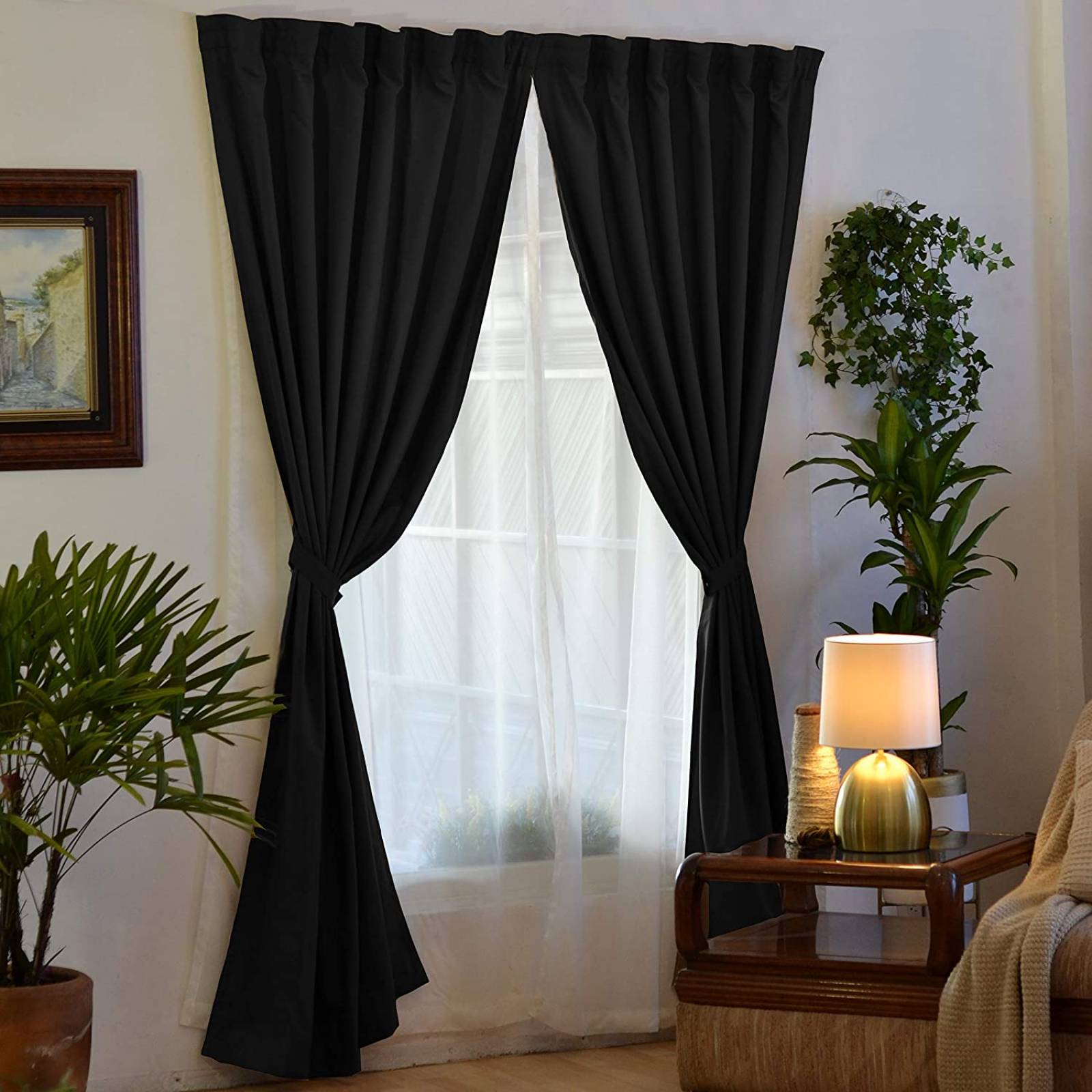 Bela Juego de 2 Cortinas Gala Doble Tela + 2 Velos para un cortinero (Negro)