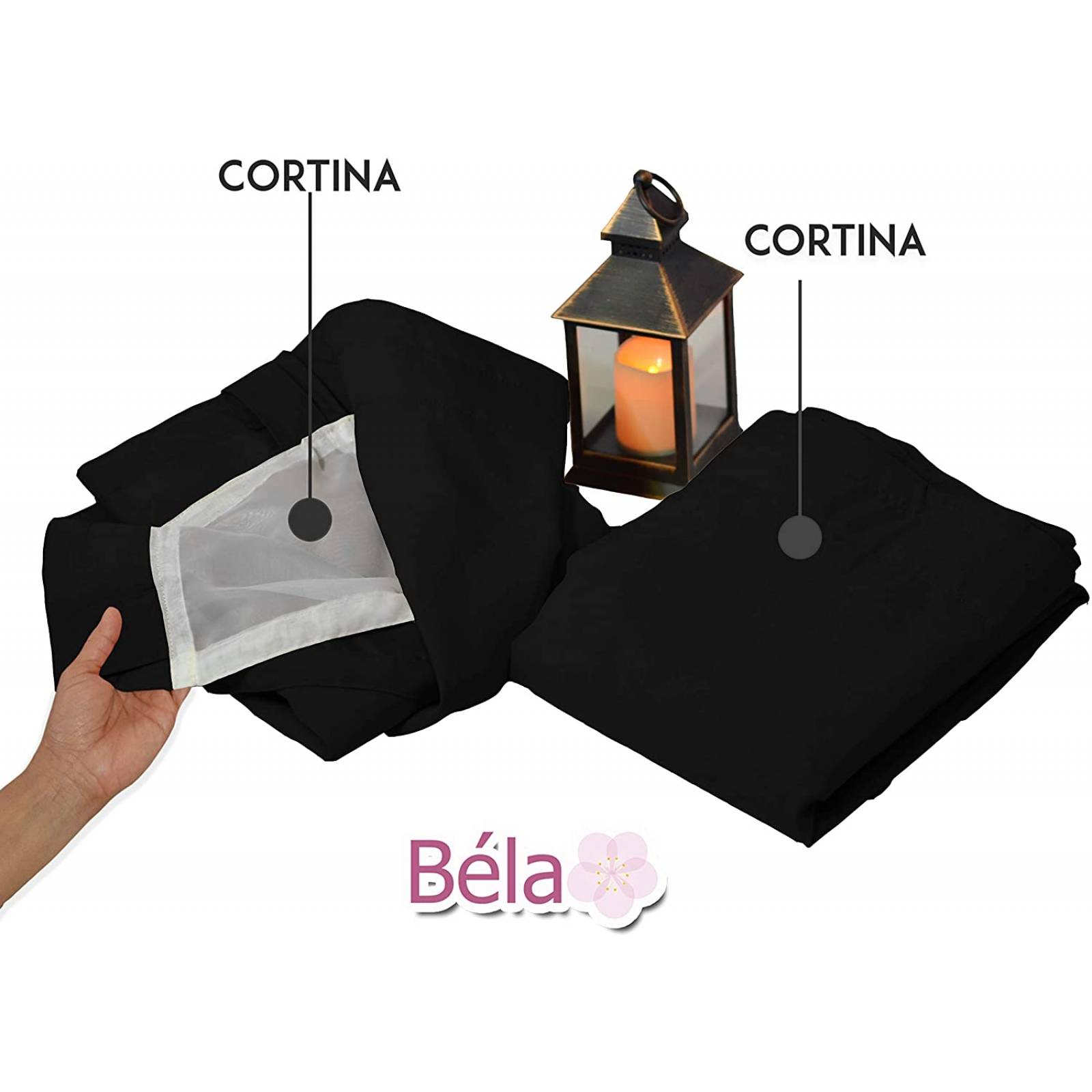 Bela Juego de 2 Cortinas Gala Doble Tela + 2 Velos para un cortinero (Negro)
