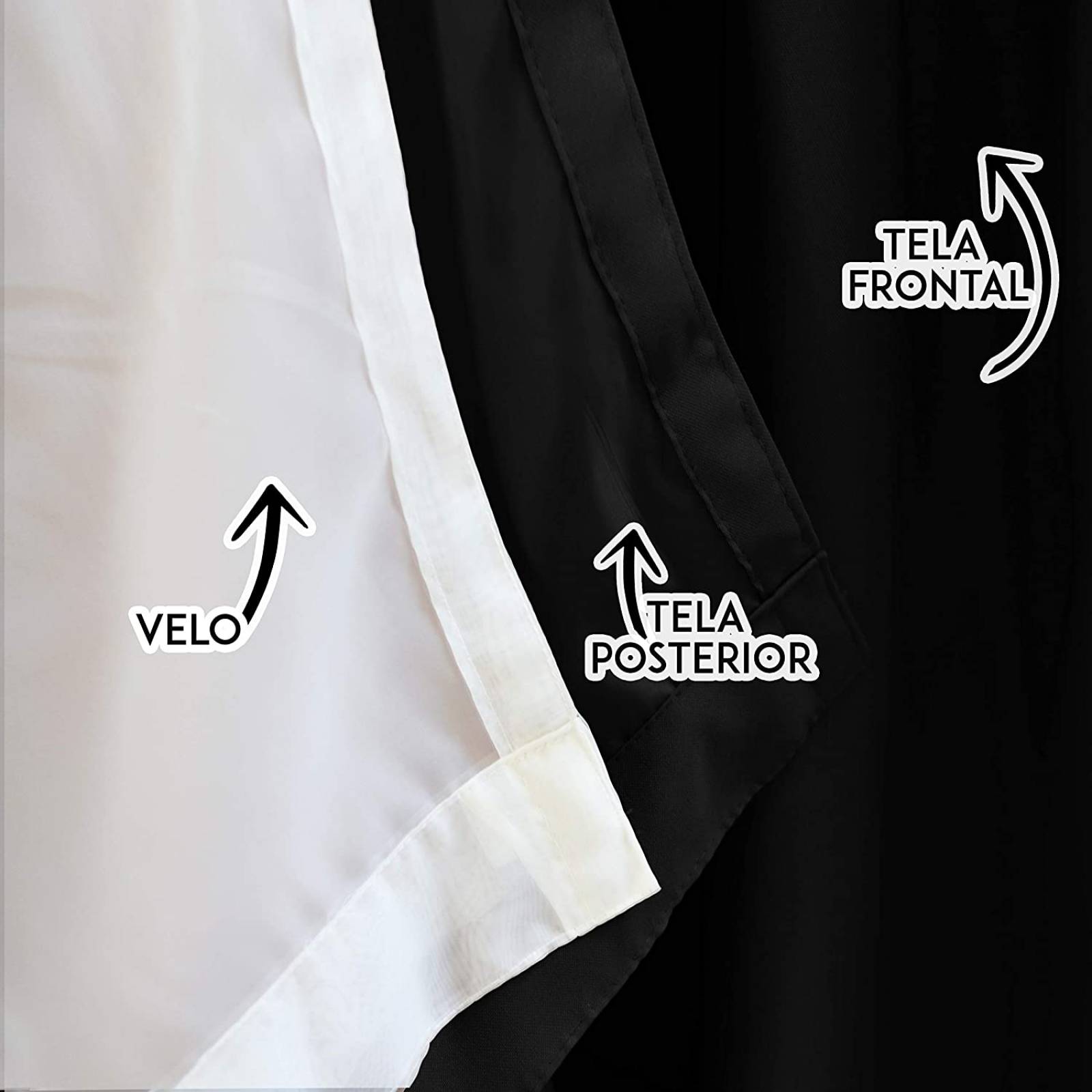 Bela Juego de 2 Cortinas Gala Doble Tela + 2 Velos para un cortinero (Negro)