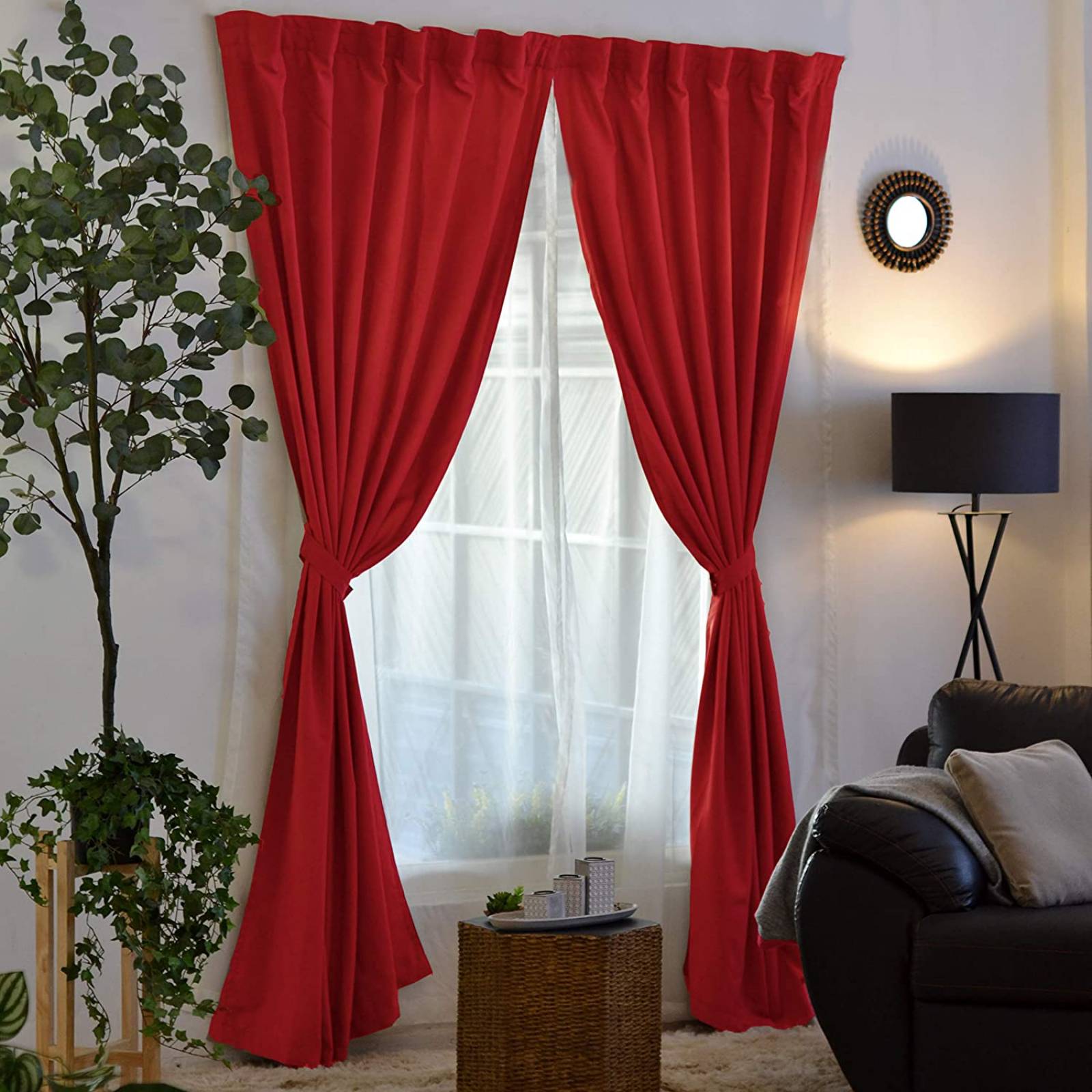 Bela Juego de 2 Cortinas Gala Doble Tela + 2 Velos para un cortinero (Rojo)