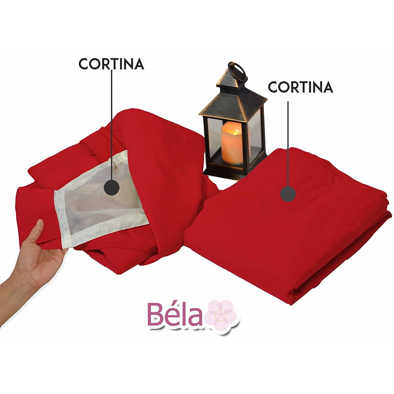 Bela Juego de 2 Cortinas Gala Doble Tela + 2 Velos para un cortinero (Rojo)