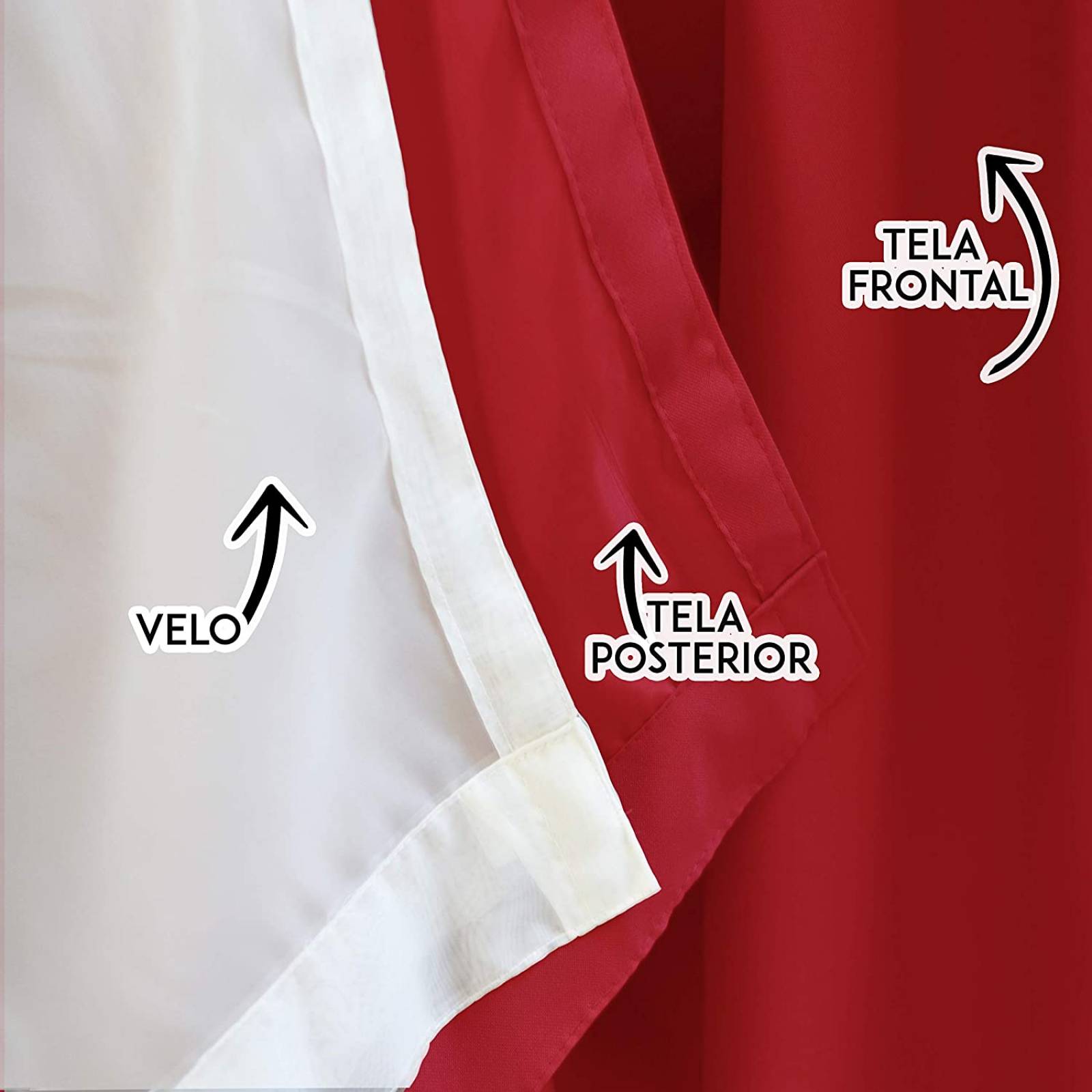 Bela Juego de 2 Cortinas Gala Doble Tela + 2 Velos para un cortinero (Rojo)