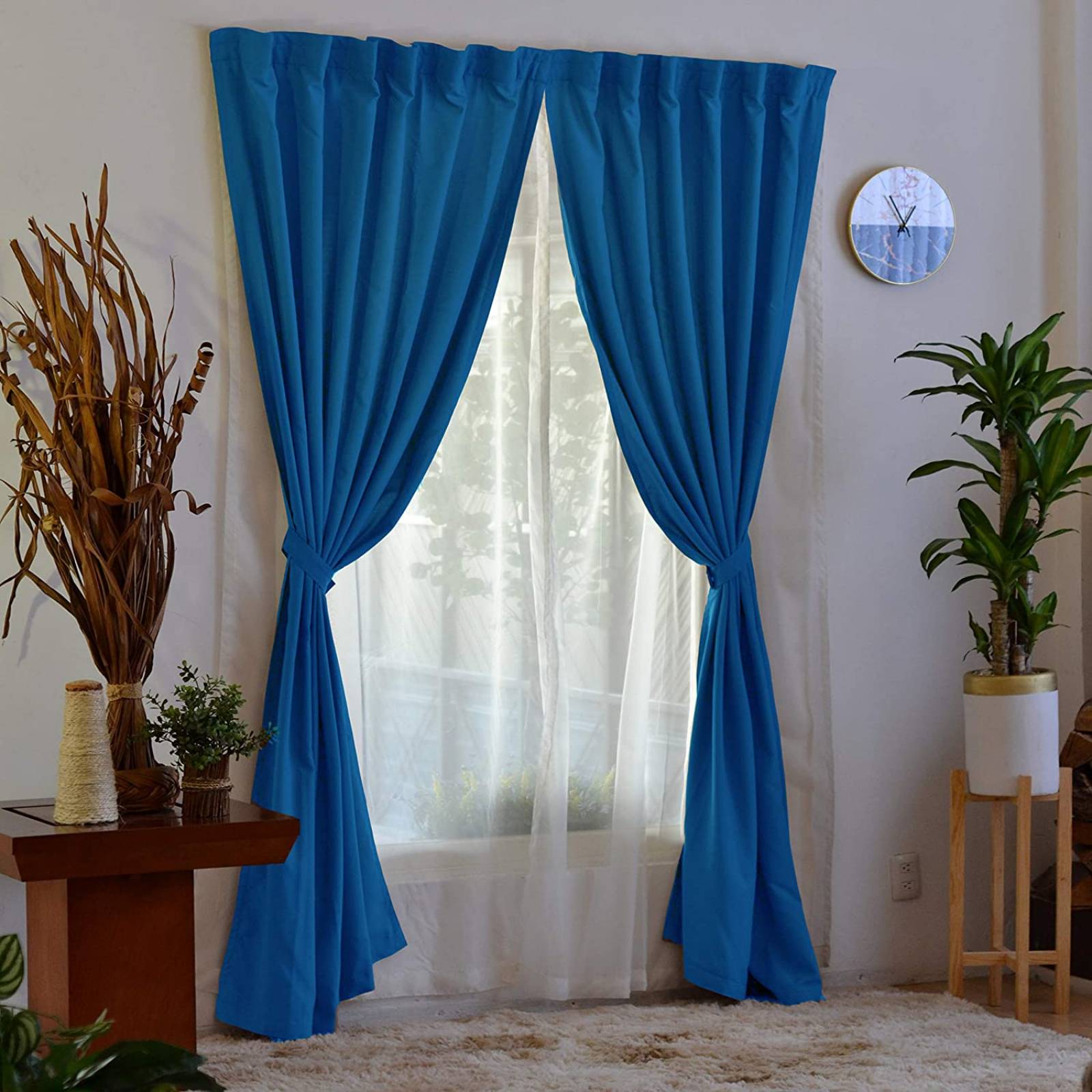 Bela Juego de 2 Cortinas Gala Doble Tela + 2 Velos para un cortinero (Azul Turquesa)