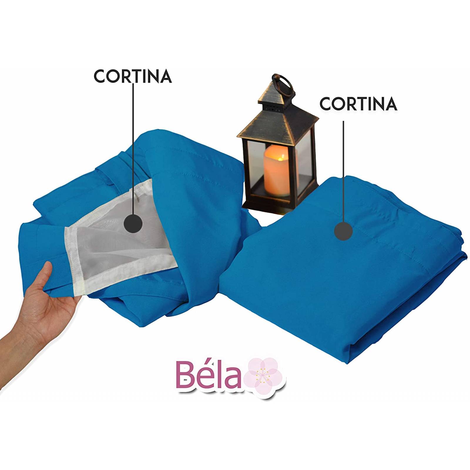 Bela Juego de 2 Cortinas Gala Doble Tela + 2 Velos para un cortinero (Azul Turquesa)