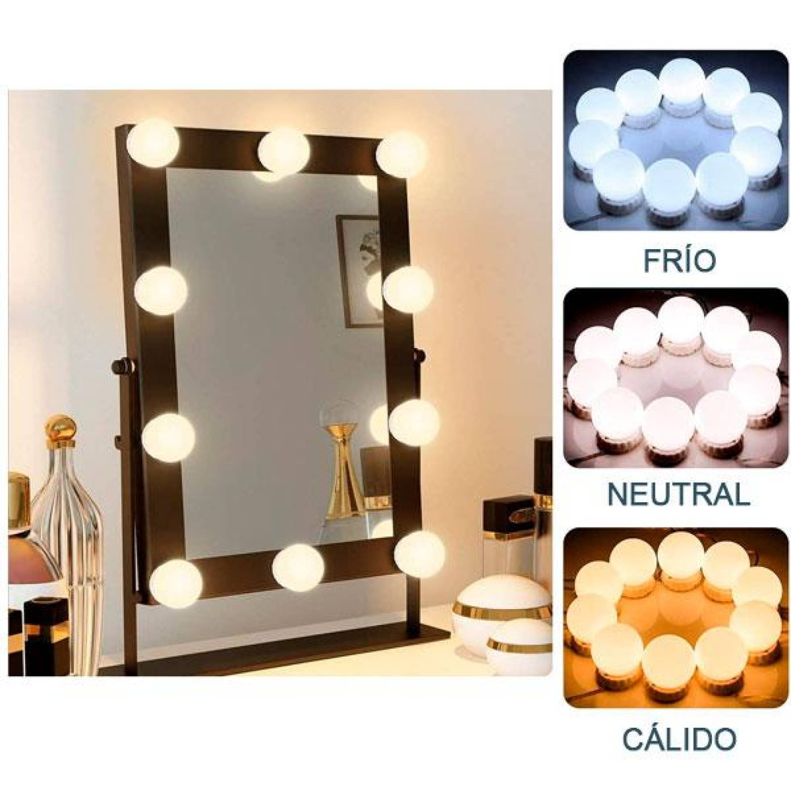 Luces de espejo, 3 Tipos de Luz, 10 bombillas,Focos para Espejo, Maquillaje, Vestidor, Baño, Luces L