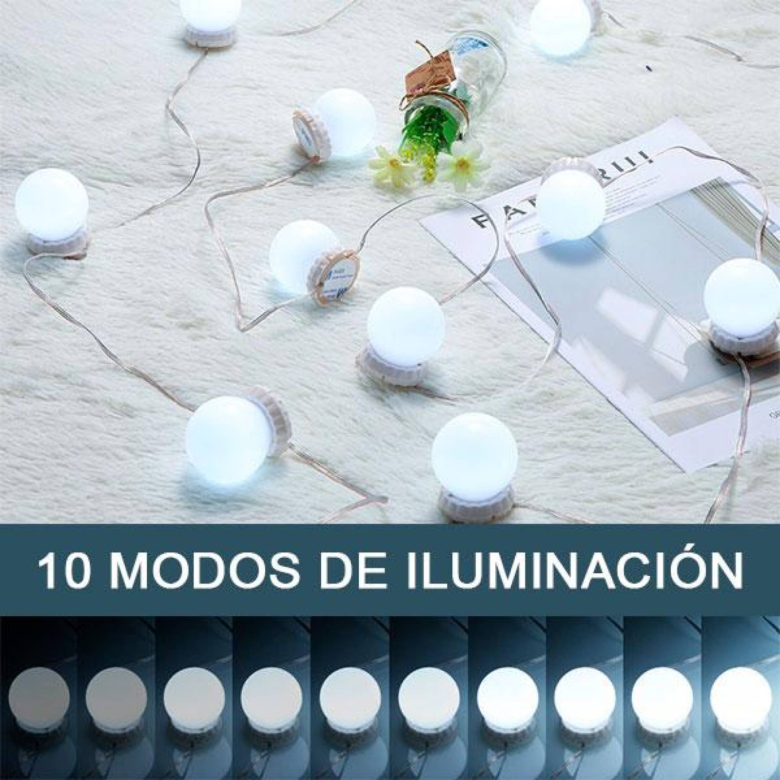 Luces de espejo, 3 Tipos de Luz, 10 bombillas,Focos para Espejo, Maquillaje, Vestidor, Baño, Luces L