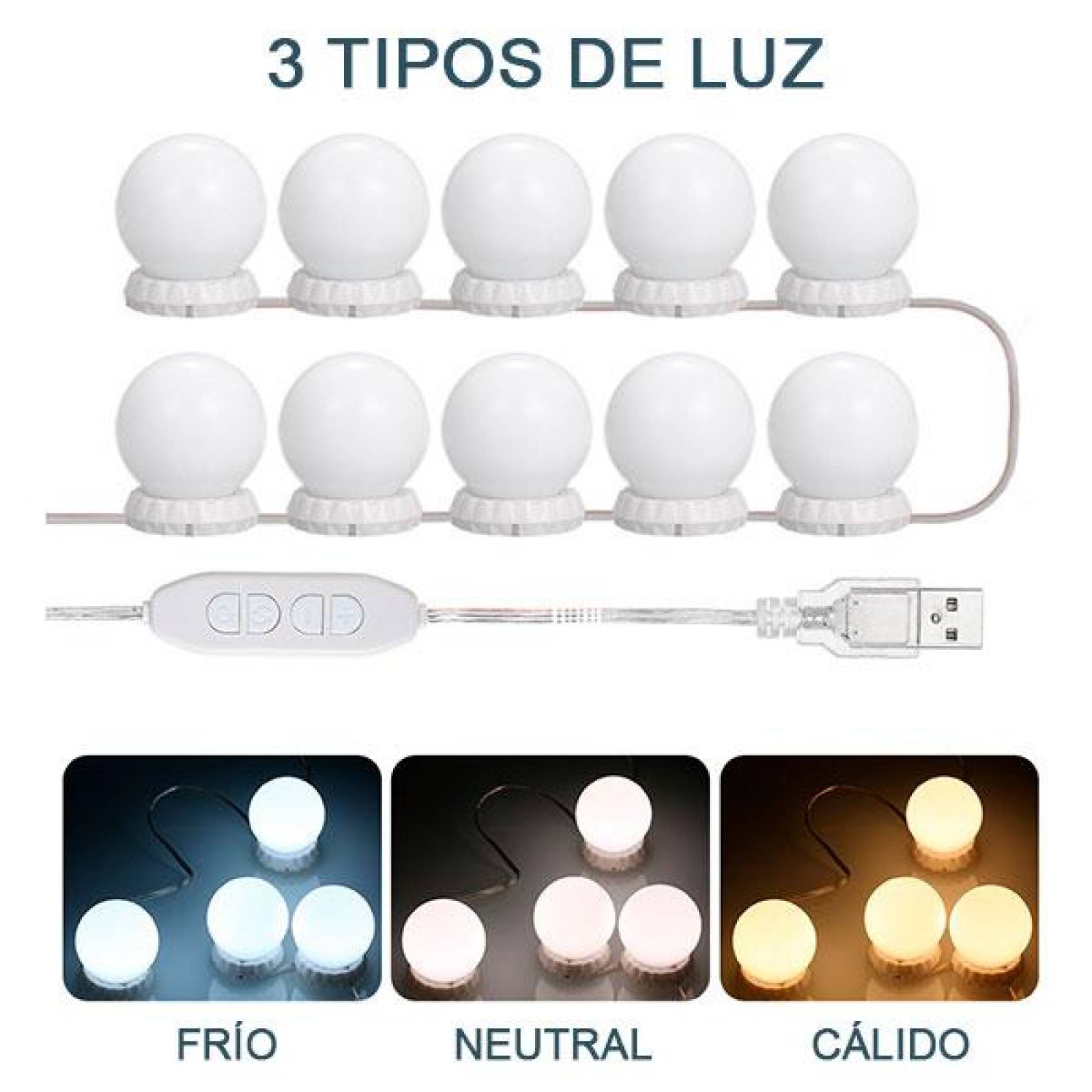 Luces de espejo, 3 Tipos de Luz, 10 bombillas,Focos para Espejo, Maquillaje, Vestidor, Baño, Luces L