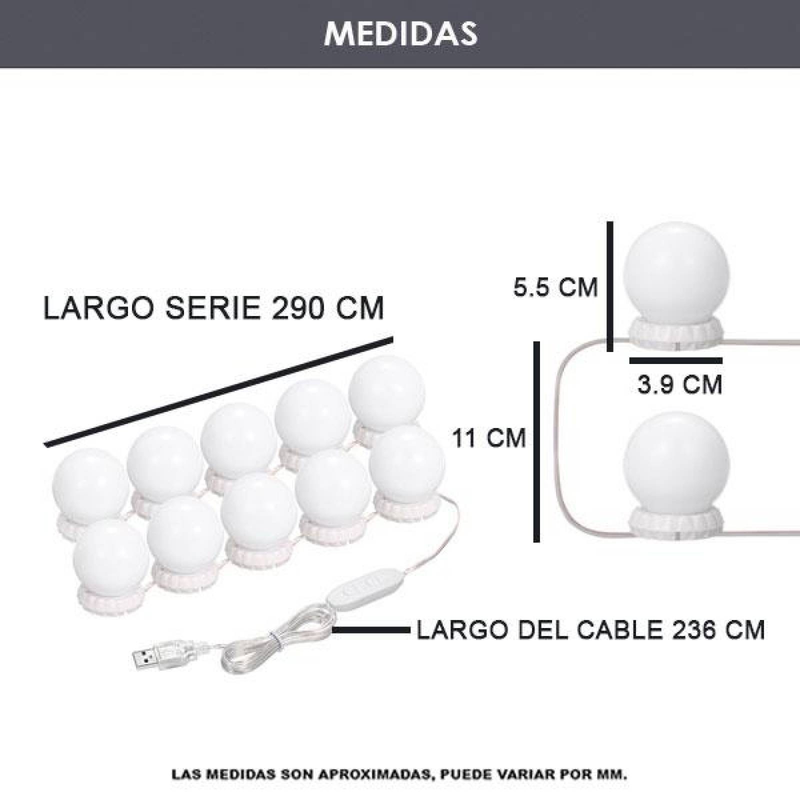 Luces de espejo, 3 Tipos de Luz, 10 bombillas,Focos para Espejo, Maquillaje, Vestidor, Baño, Luces L
