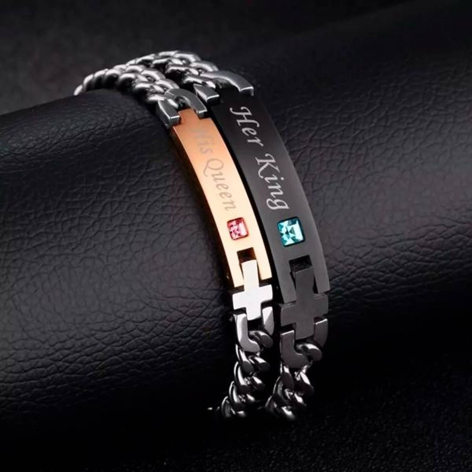 Pulsera para Pareja, Grande Brazaletes Queen y King, con Placa Grabada, Corona, 2 piezas. 