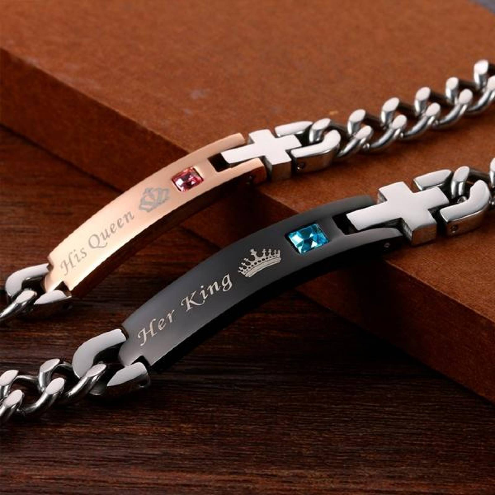 Pulsera para Pareja, Grande Brazaletes Queen y King, con Placa Grabada, Corona, 2 piezas. 