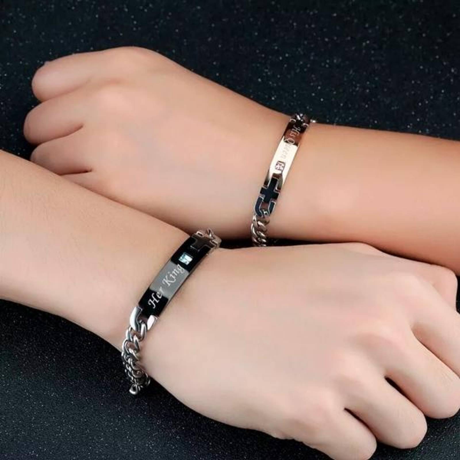 Pulsera para Pareja, Grande Brazaletes Queen y King, con Placa Grabada, Corona, 2 piezas. 