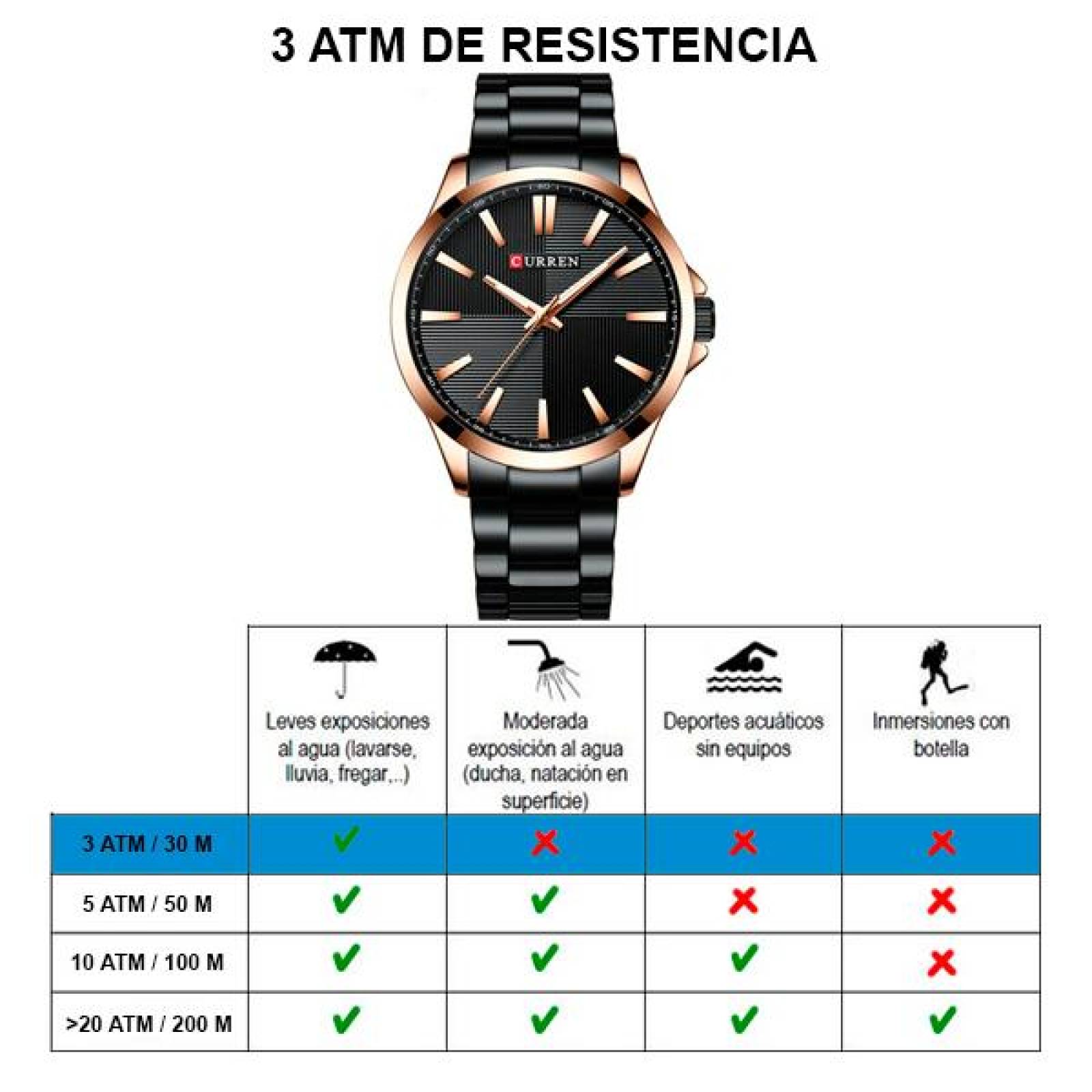 Reloj Curren para Hombre, Análogo, Formal, Ejecutivo, Ajustable, 3 ATM, Cuarzo, Acero Inoxidable, Br 25 mm Negro