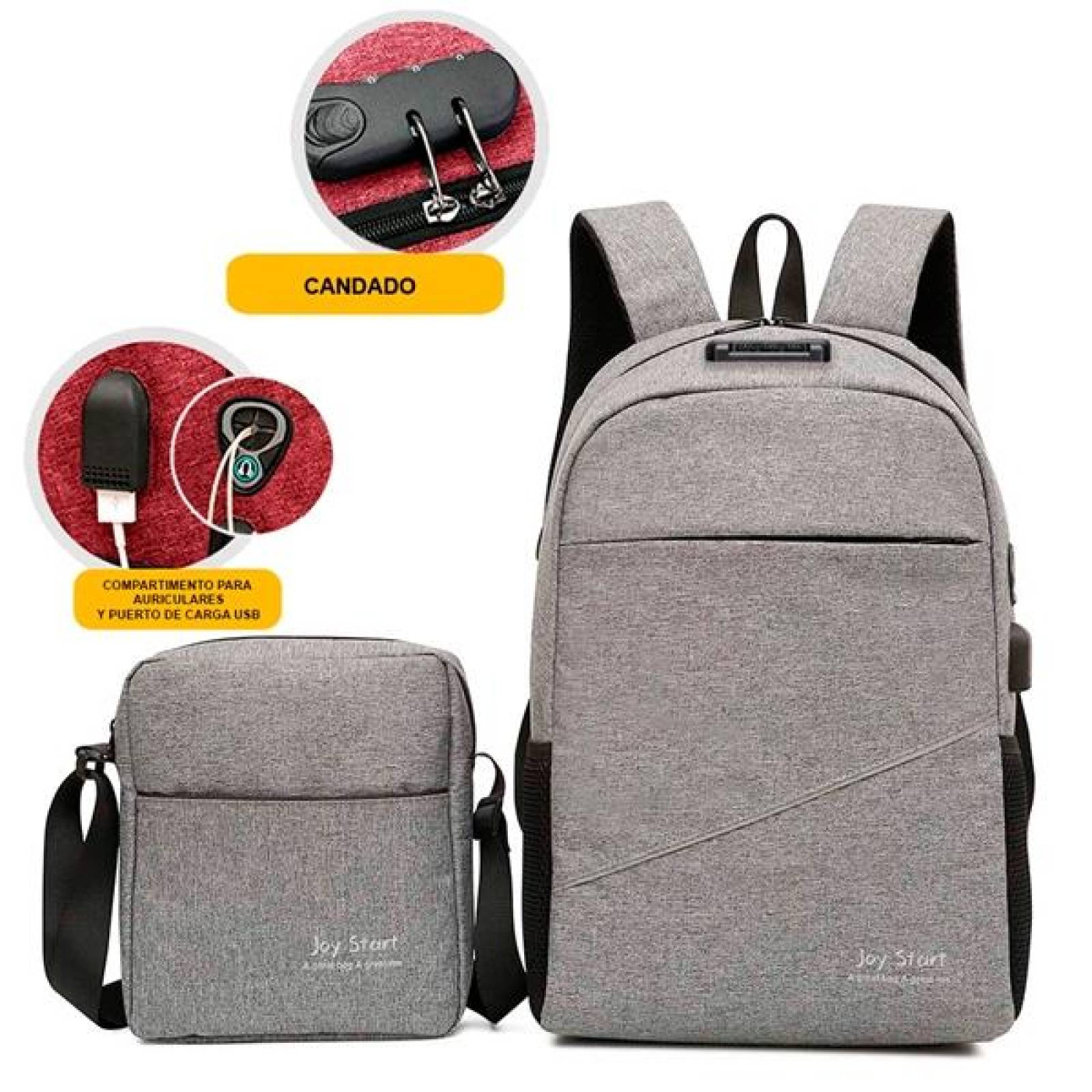 Mochila para Laptop o Escolar, Antirrobo + Mariconera, con Candado y Puerto USB, Impermeable, Gris 