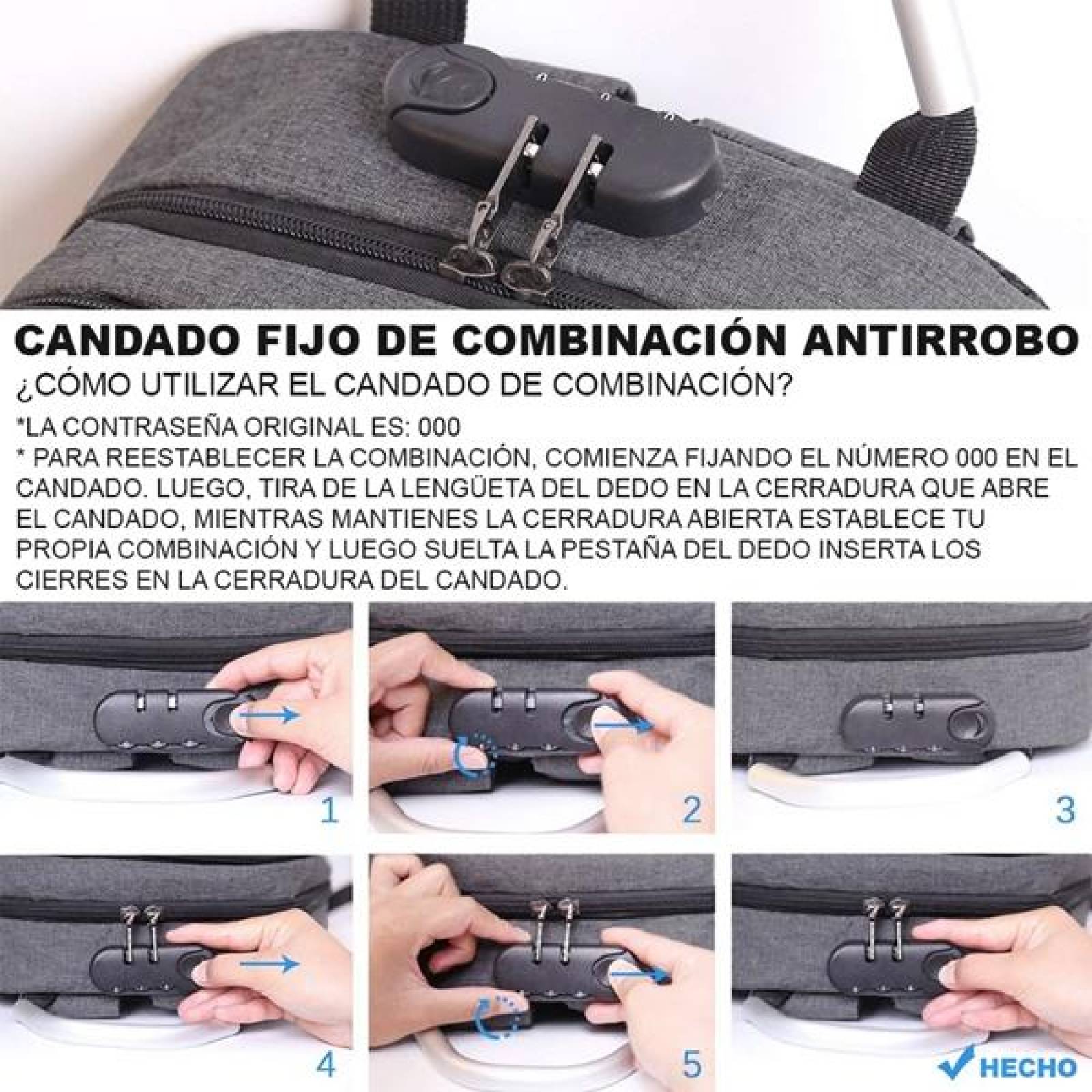 Mochila para Laptop o Escolar, Antirrobo + Mariconera, con Candado y Puerto USB, Impermeable, Gris 