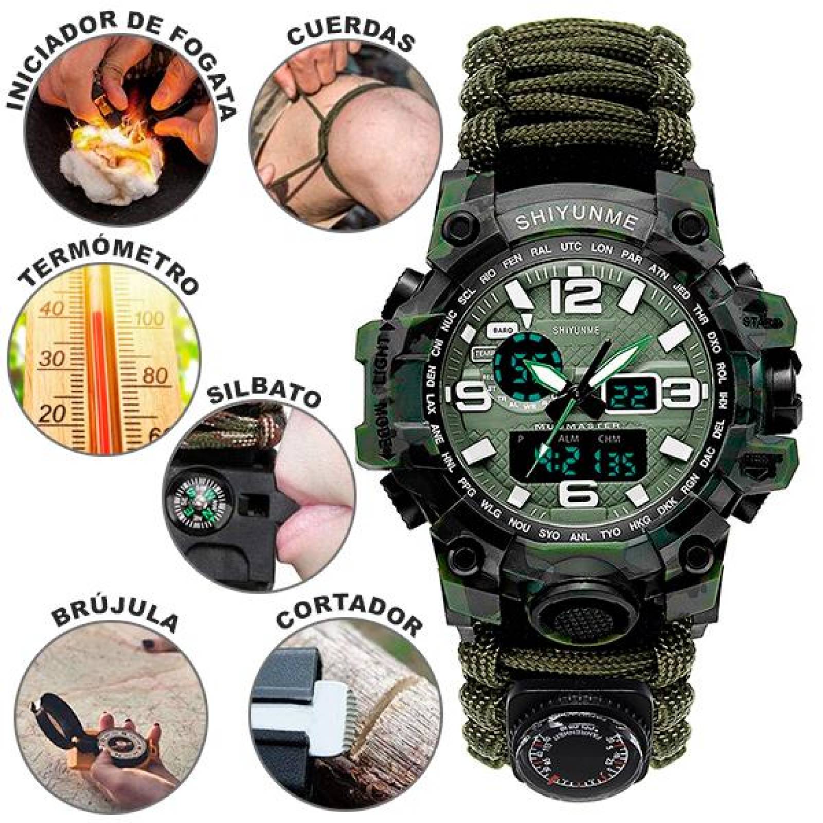 Reloj de Supervivencia, con Iluminación, Navaja, Brújula, Análogo, Generador de Fogata, Termometro,  