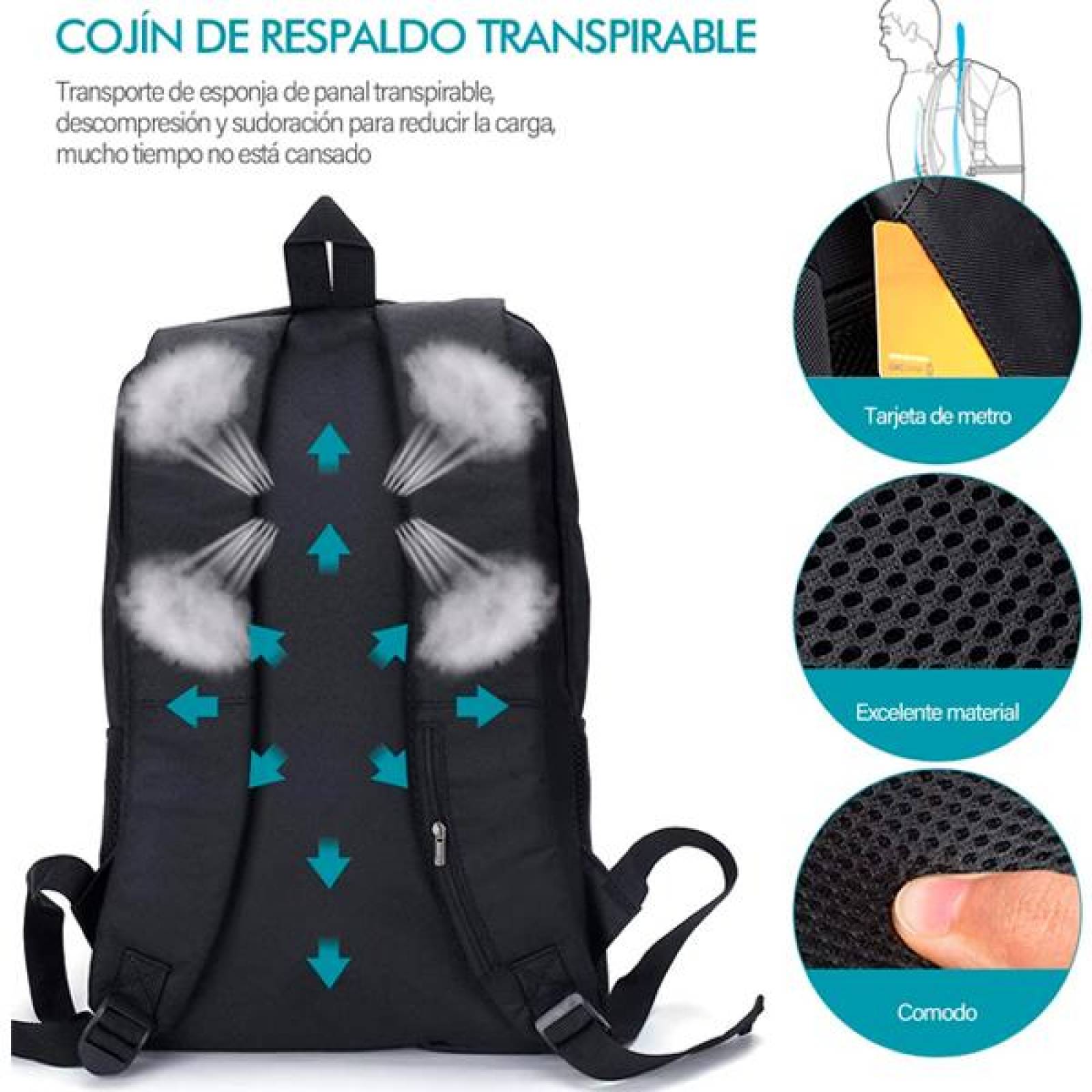 Mochila para Laptop o Escolar, Antirrobo , con Candado y Puerto USB, Impermeable, Negra, Impermeable 