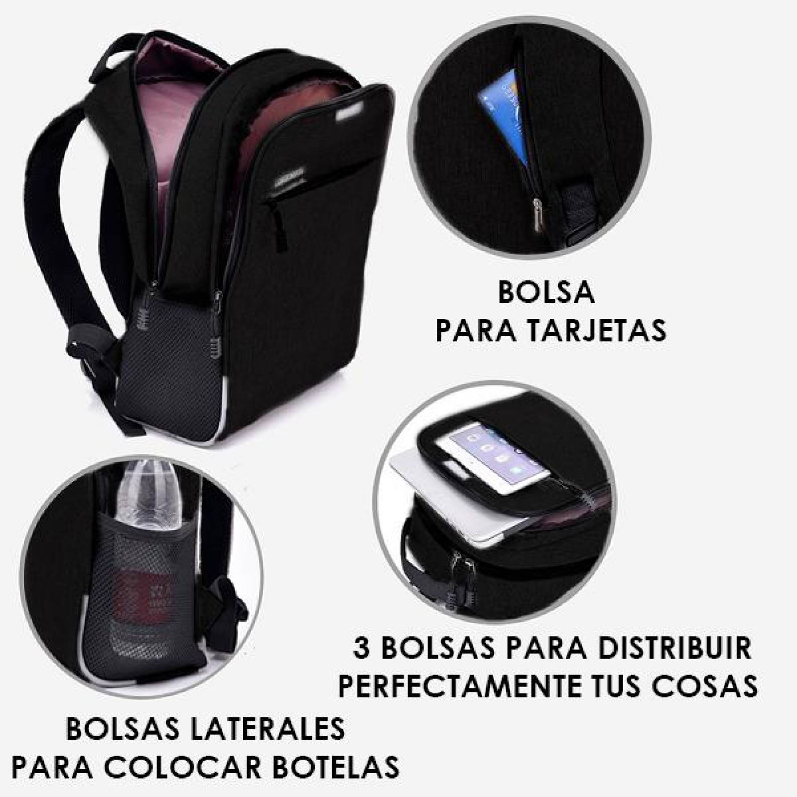Mochila para Laptop o Escolar, Antirrobo , con Candado y Puerto USB, Impermeable, Negra, Impermeable 